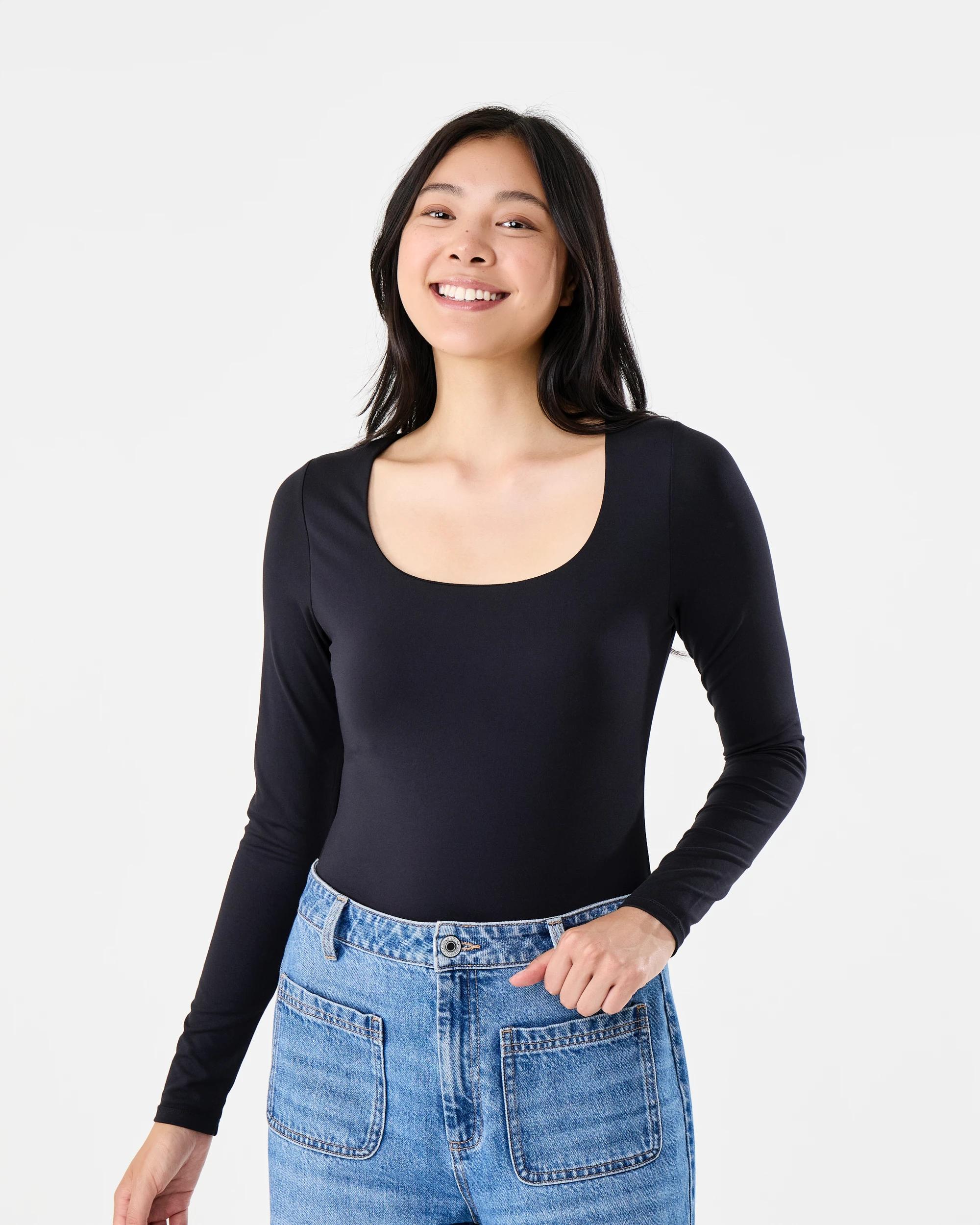 1 Long Sleeve Square Neck Bodysuit Black, 1 of 6