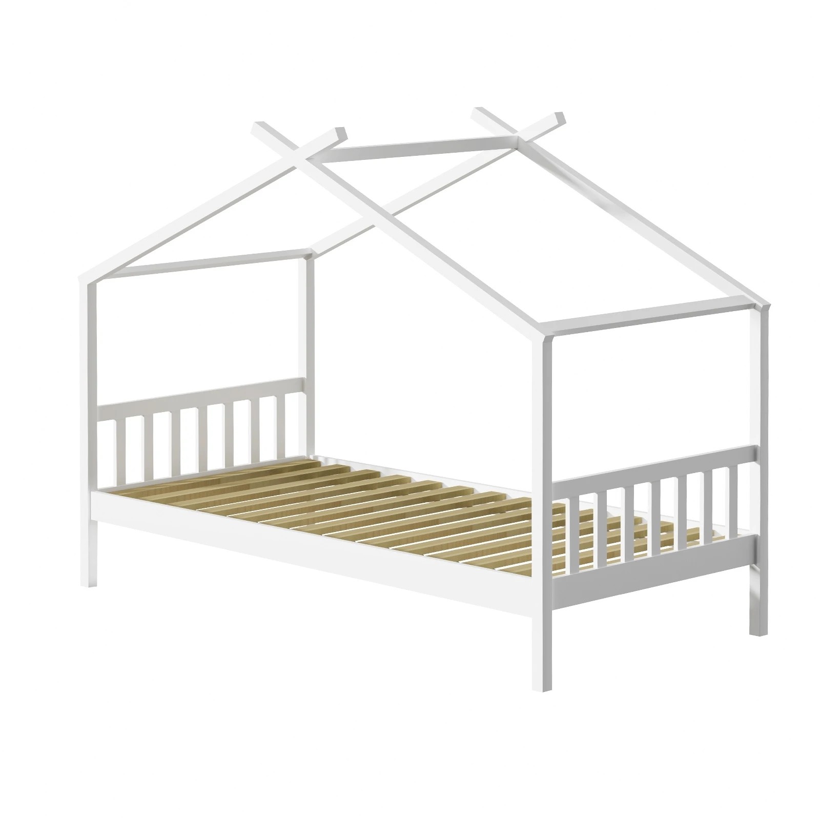 1 Oikiture Bed Frame Wooden Base Kids Single Timber House Beds
 - White, 1 of 10