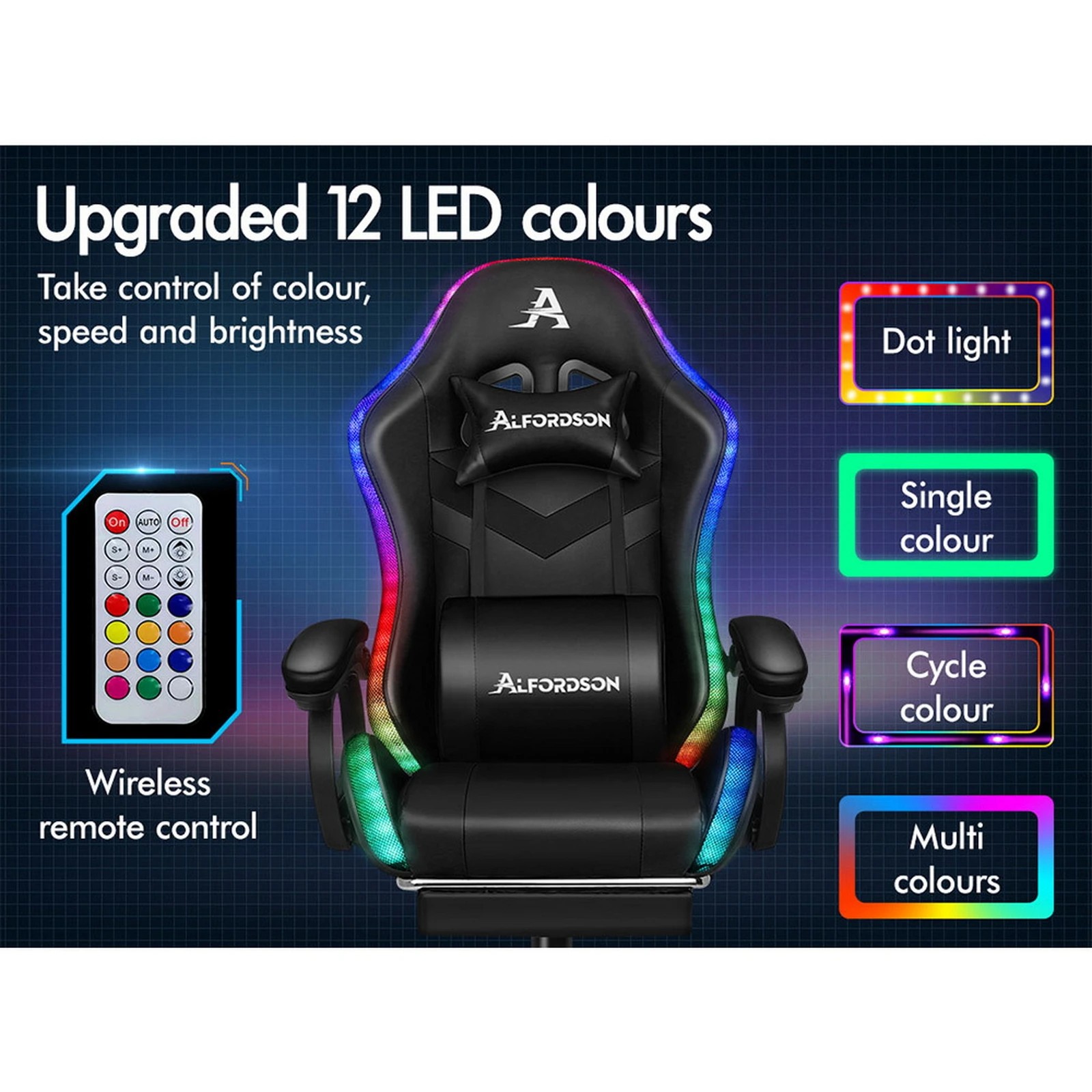 4 Alfordson Gaming Office Chair 12 RGB LED Massage Computer Seat Footrest - Black, 4 of 7