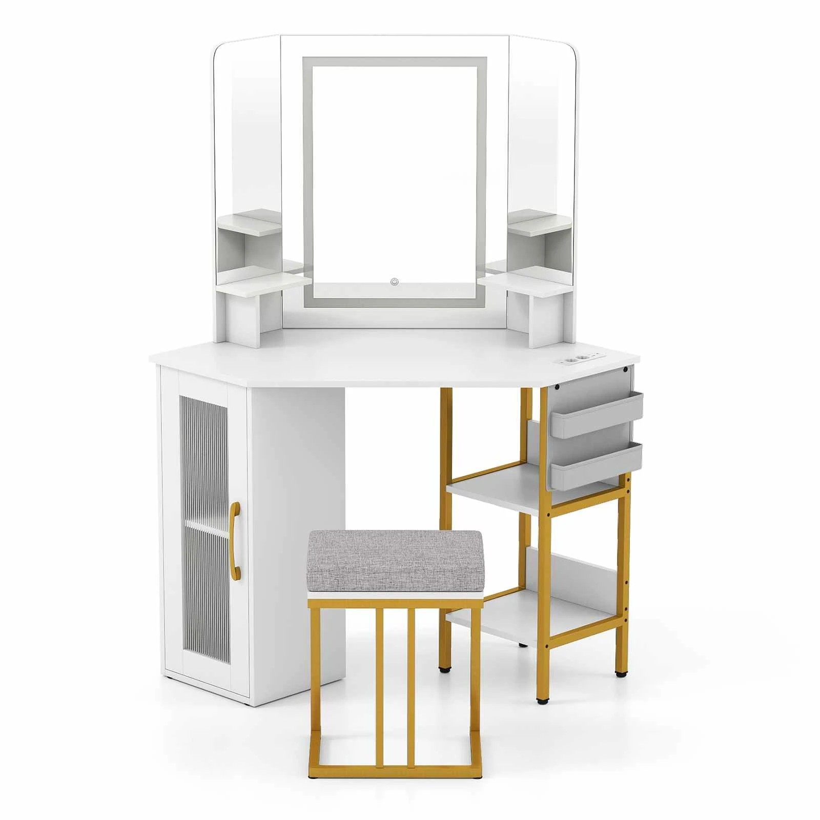 1 Costway Vanity Desk Set w/Triple Mirror & Lights Corner Dressing Table & Chair, 1 of 6