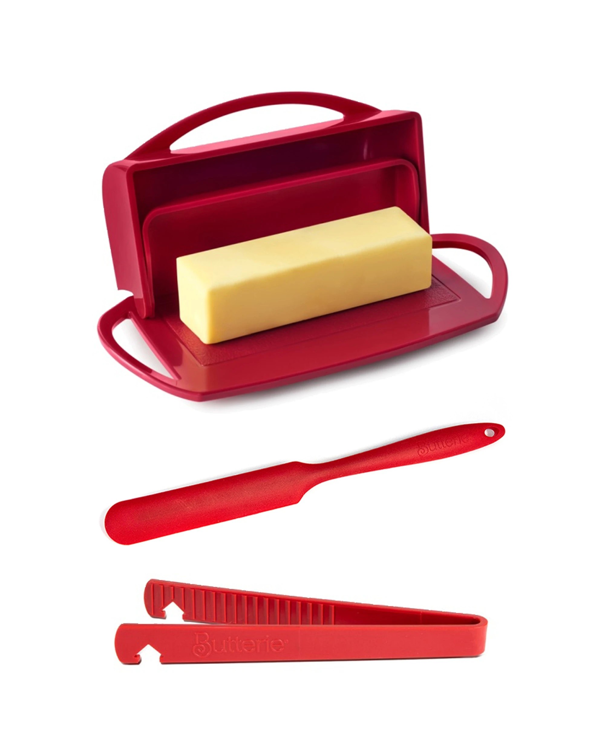 1 Better Dish Butter Container with Lid Butterie Spatula Plastic Tongs Set - Red, 1 of 9
