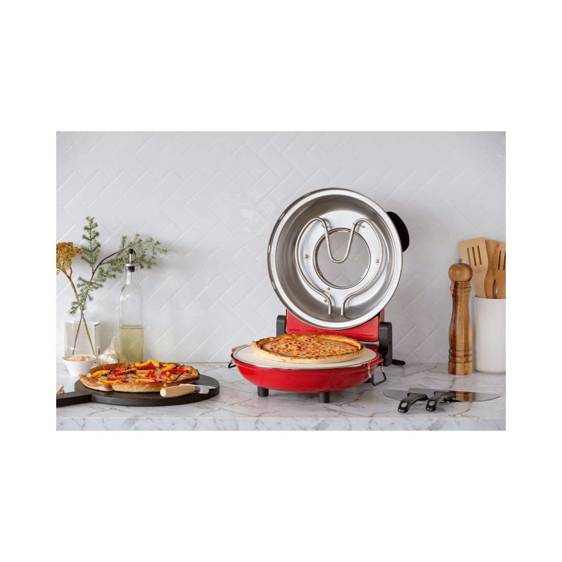 2 Healthy Choice 12-inch Pizza Oven with Thermal Control, Timer, Viewing Window, and Removable Stone - Red, 2 of 4