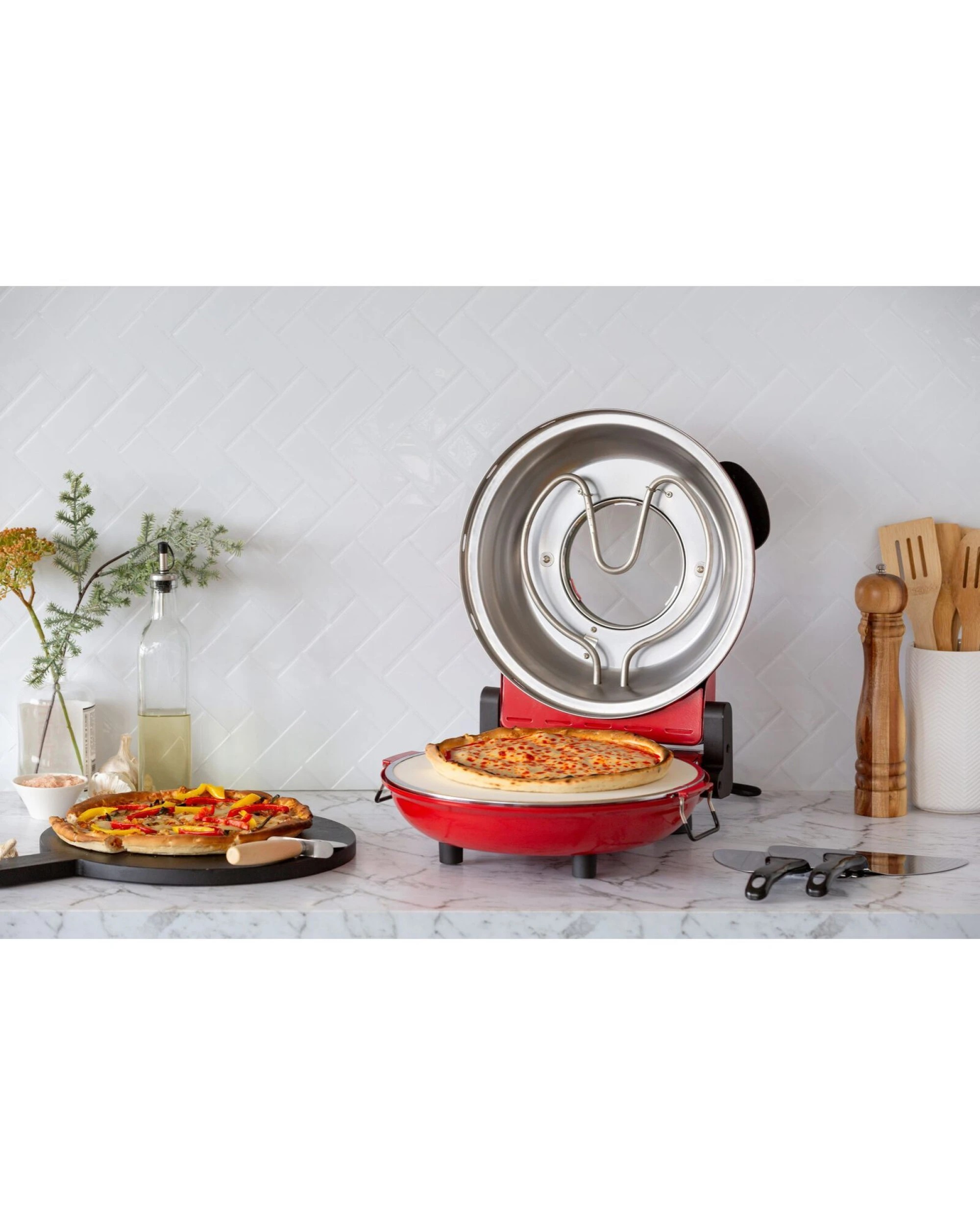 2 Healthy Choice 12-inch Pizza Oven With Thermal Control, Timer, Viewing Window, And Removable Stone - Red, 2 of 4