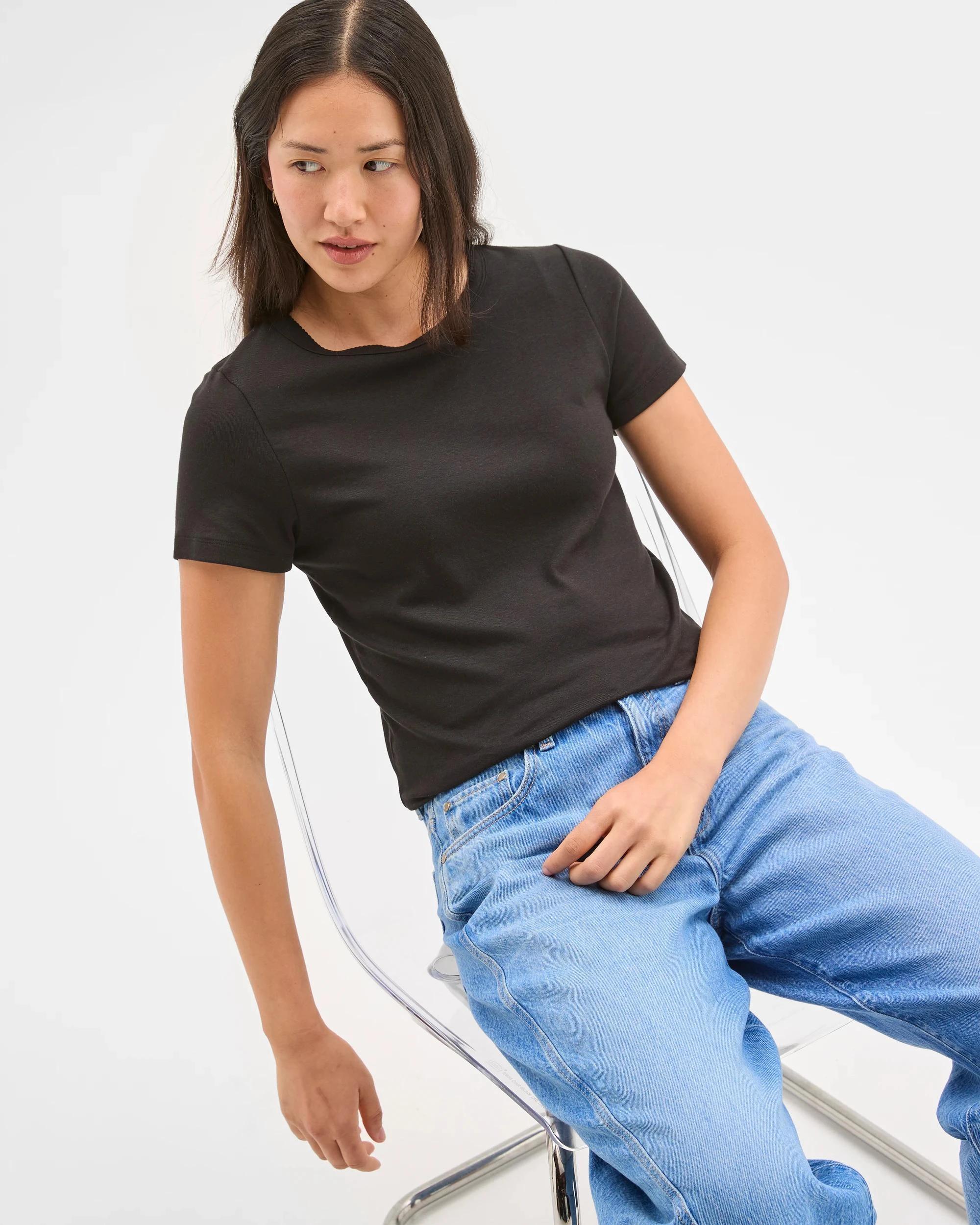 1 Target Woman Short Sleeve Picot Trim T-Shirt BLACK, 1 of 5