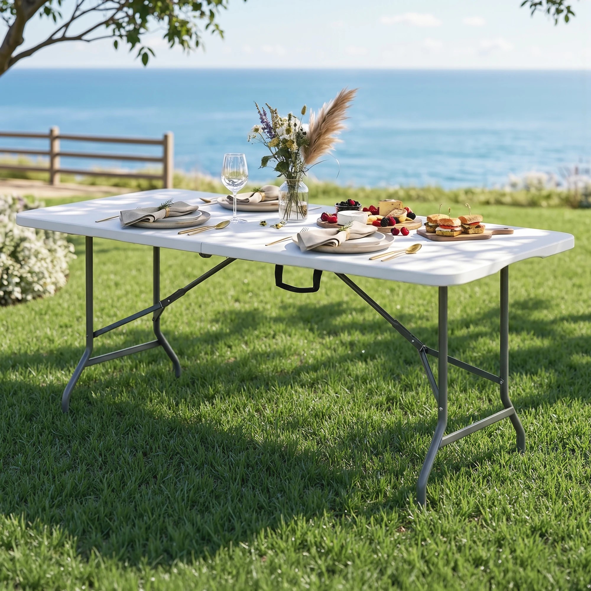 2 Gardeon 180cm Folding Table Portable Fold-in-Half with Handle Camping Picnic - White, 2 of 9
