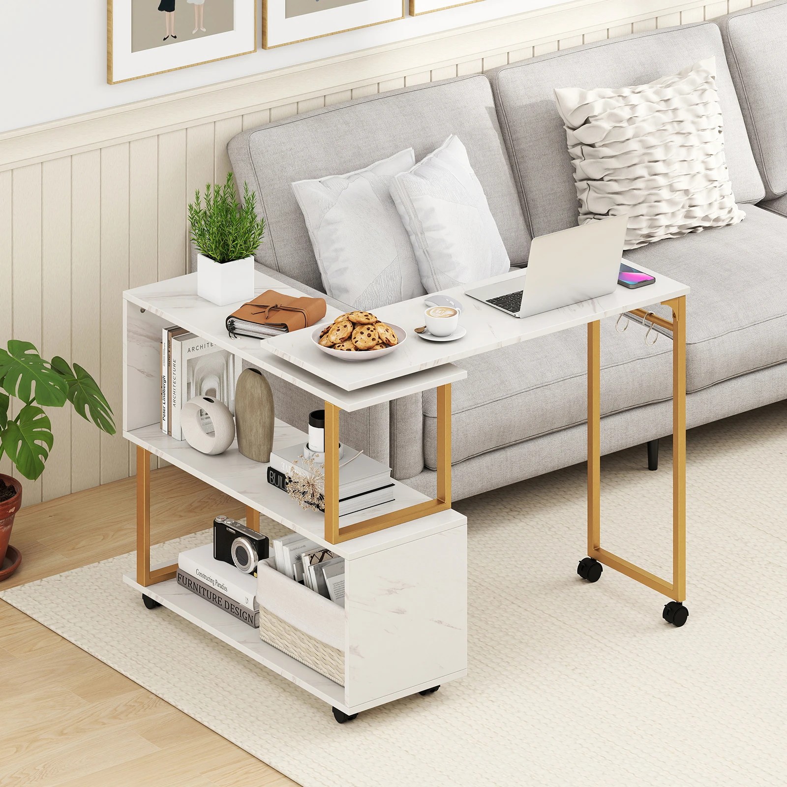 Costway 360° Rotating Side Table Computer Desk Console Table w/Bookcase ...