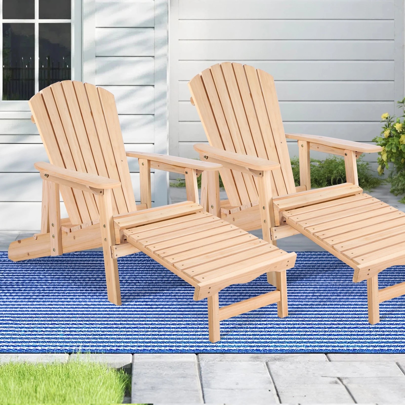 2 Alfordson 2x Outdoor Chairs Wooden Adirondack w/ Ottoman Patio Beach Garden - Natural, 2 of 10