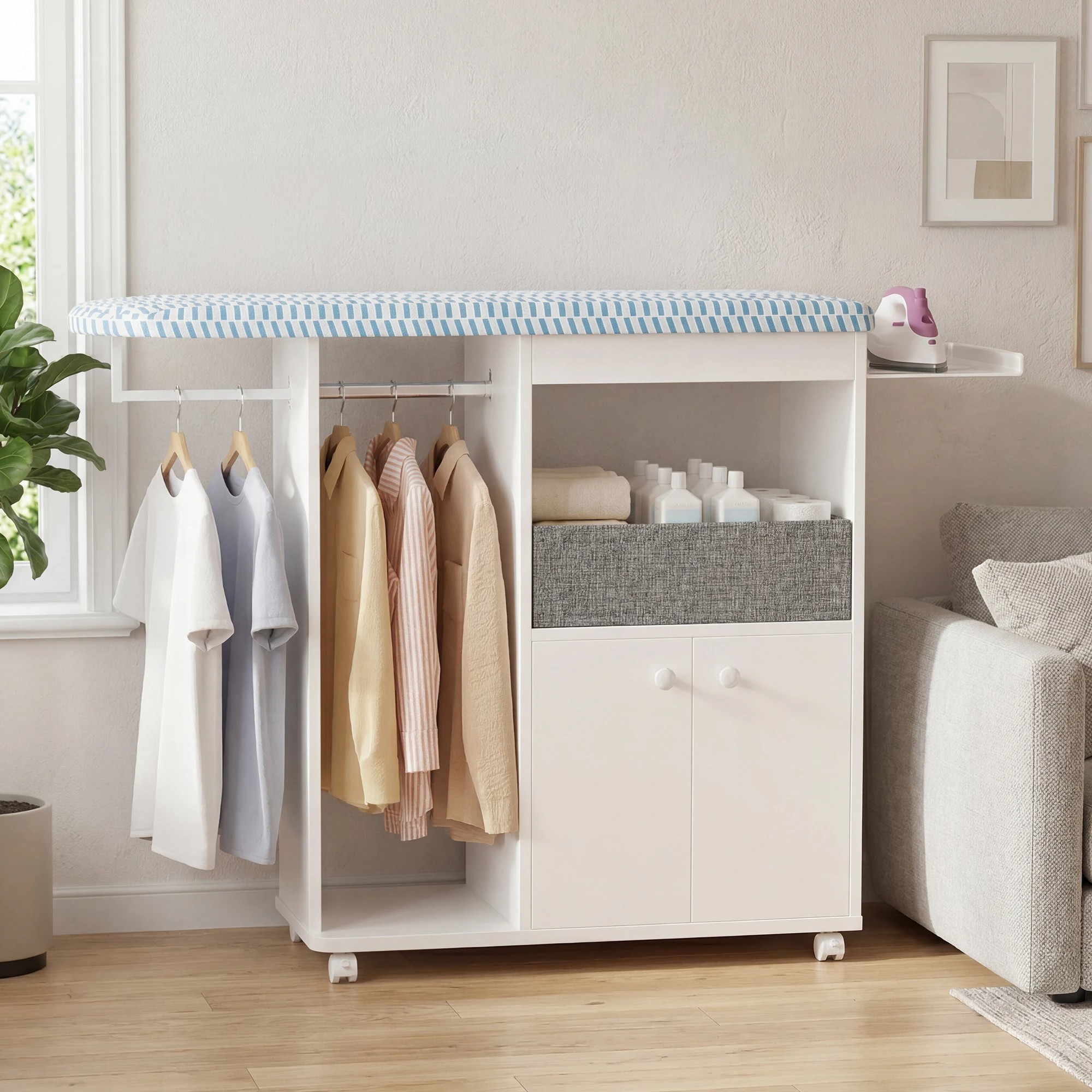 7 Advwin Ironing Board on Wheels with Storage Cabinet Iron Rack Hanger Rod Fabric Drawer - White, 7 of 10