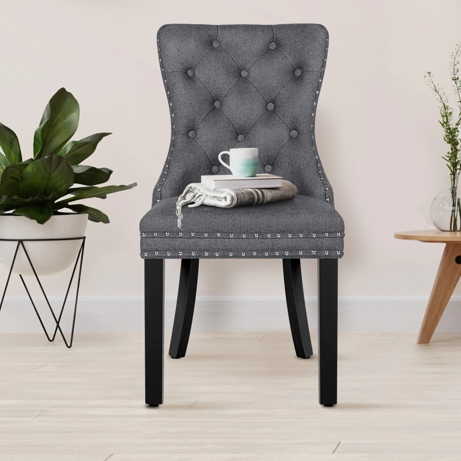 5 Alfordson 4x Dining Chair Kitchen Lounge Retro Button Tufted Wooden Fabric - Grey, 5 of 10