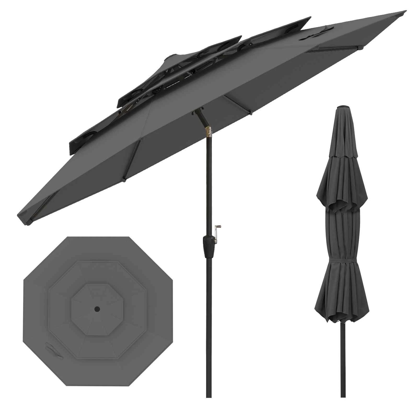 1 Costway 3M Patio Umbrella Anti-UV Beach Parasol Auto-Tilt Sun Shelter - Grey, 1 of 2