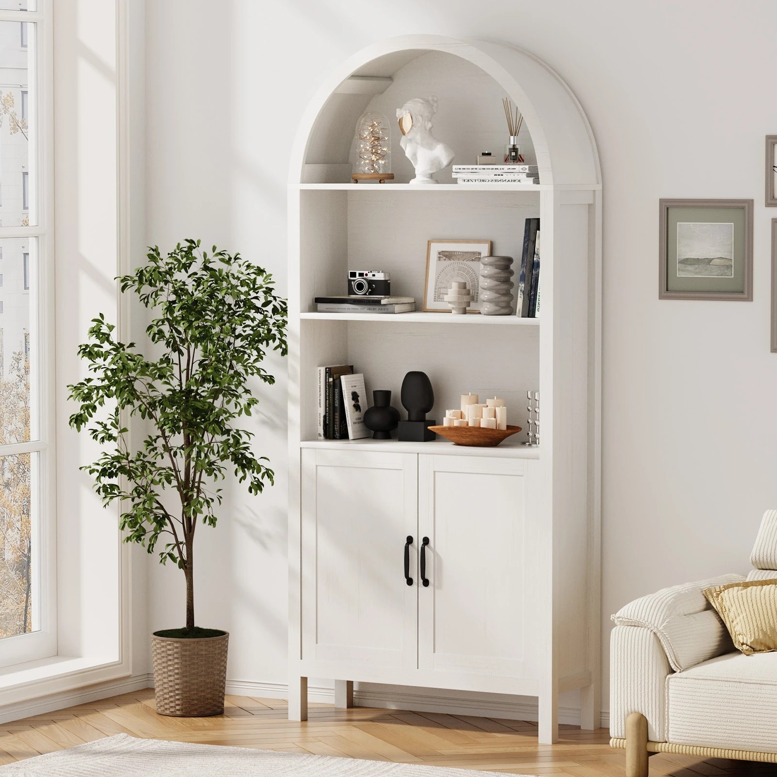 2 Oikiture Arched Bookshelf Display Shelf Bookcase Bookshelves Storage - White, 2 of 10