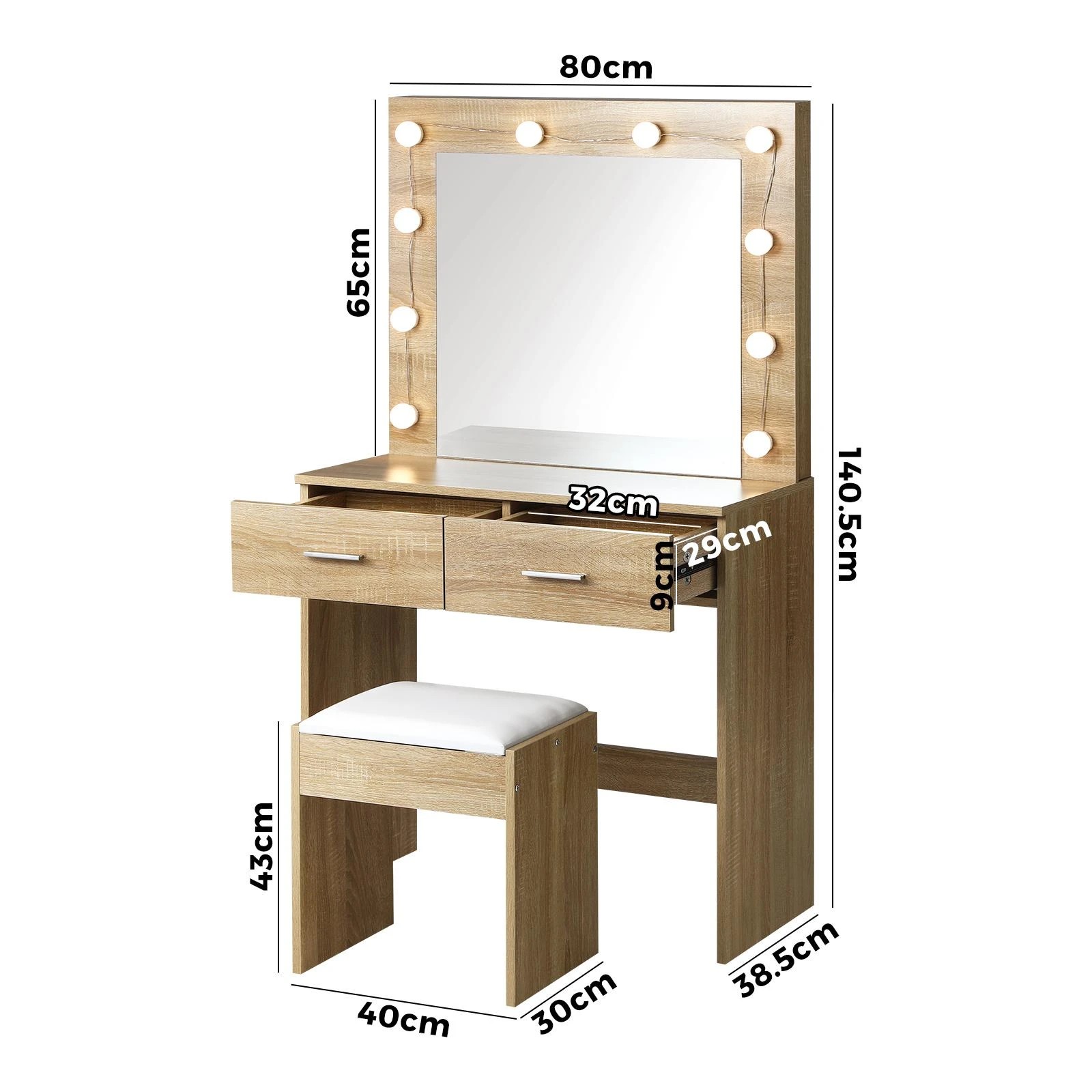 9 Oikiture Dressing Table Stool Set Makeup Mirror Storage Desk 10 Led Bulbs Wooden
 - Natural, 9 of 9
