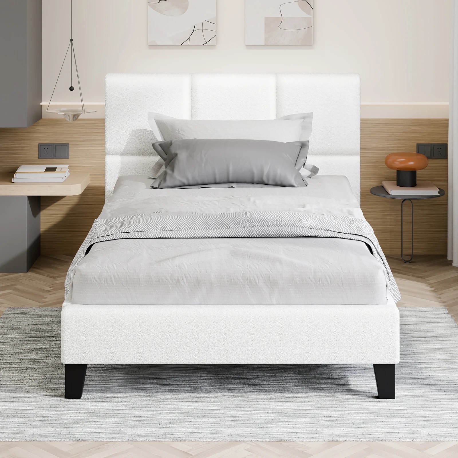 3 Alfordson Bed Frame Single Size Wooden Platform Mattress Base Boucle Fabric - White, 3 of 10