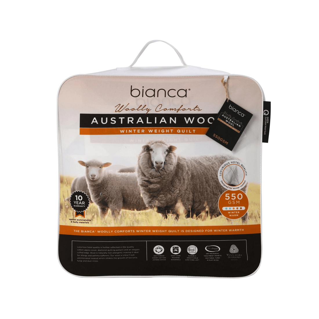 1 Bianca Bedding 550gsm Winter Wool Quilt, Pure Australian Wool, 300TC Cotton Japara - White, 1 of 3