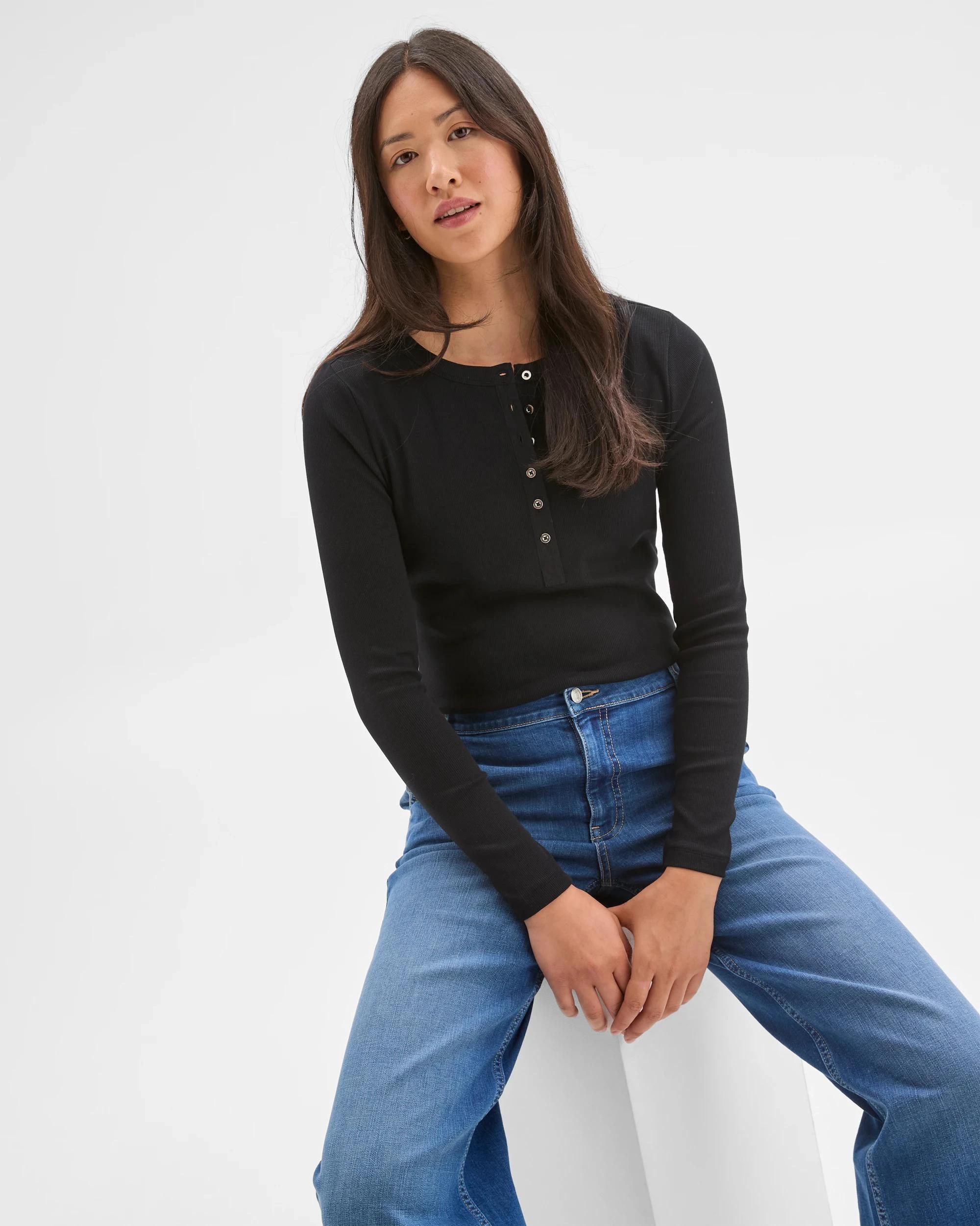 3 Target Woman Australian Cotton Long Sleeve Rib Henley T-Shirt BLACK, 3 of 7