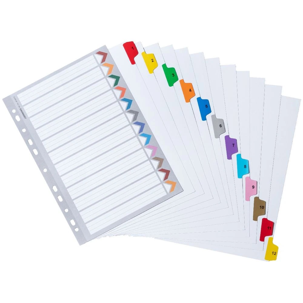 3 J.Burrows A4 Tab Dividers Paper Coloured 1-12 Tabs, 3 of 3