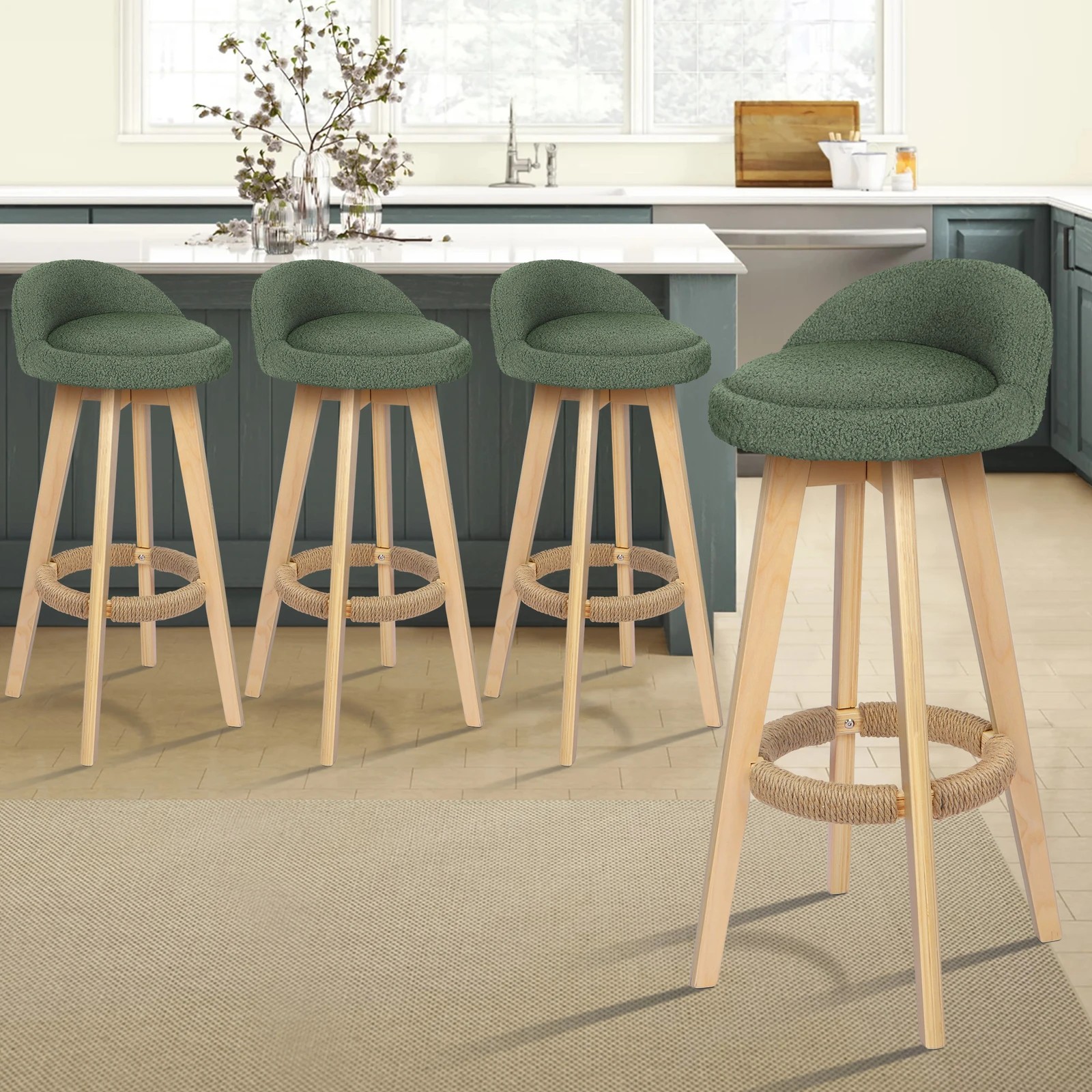 10 Alfordson 2x Kitchen Bar Stools Liam Wooden Swivel Bar Stool Chairs Boucle - Green, 10 of 10