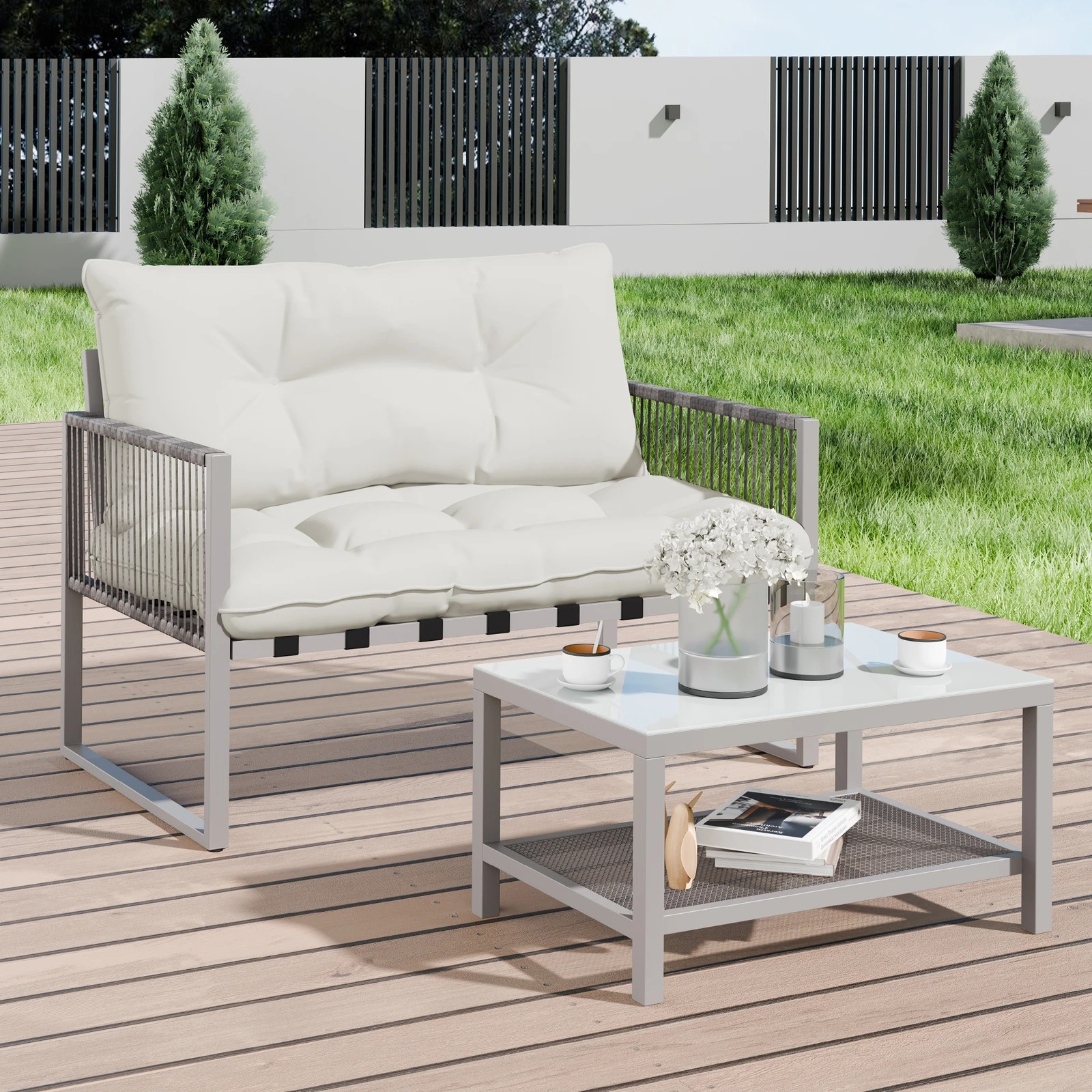 8 Alfordson 2PCS Outdoor Lounge Sofa Set Wicker Furniture Table and Chairs Garden - Beige, 8 of 8