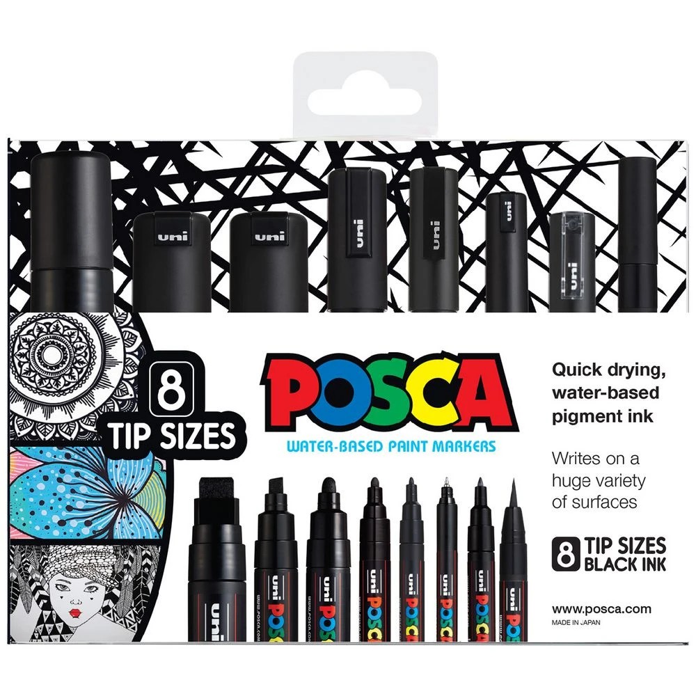 1 POSCA Paint Markers Assorted Tip Sizes Black 8 Pack, 1 of 4