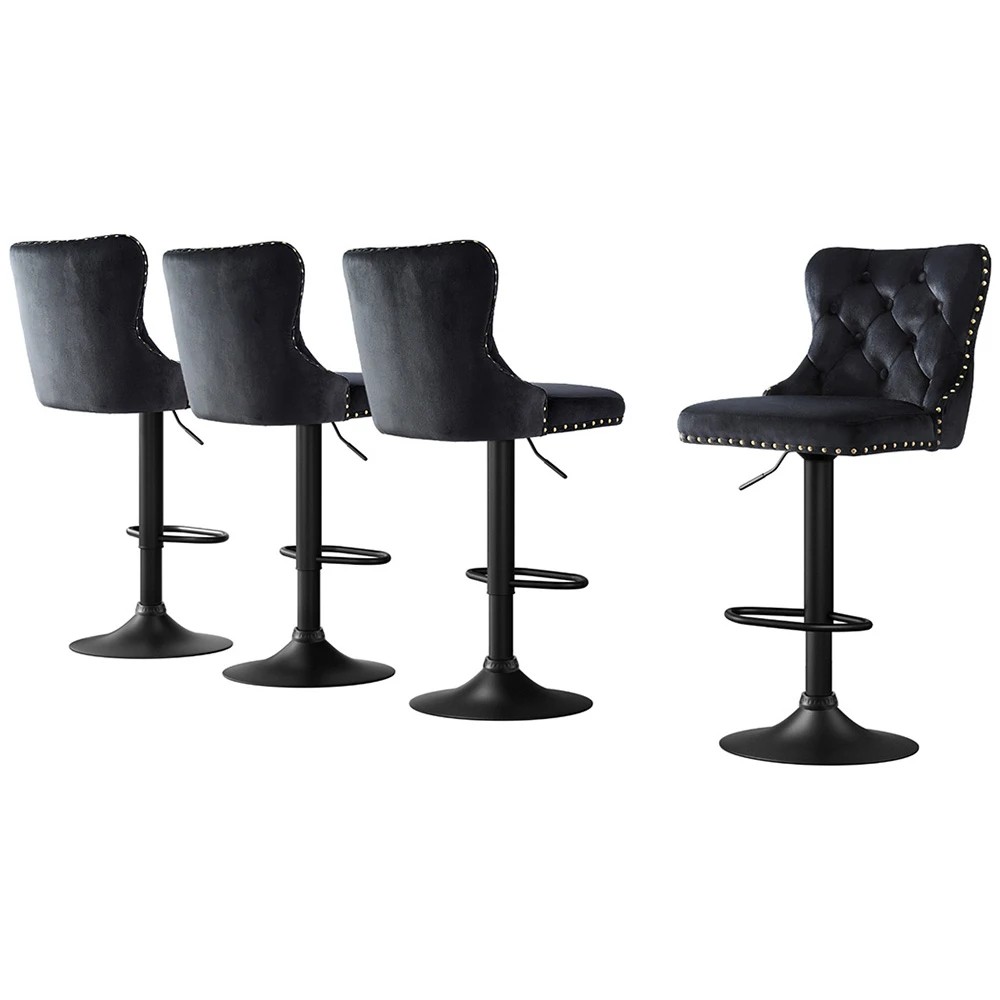 1 Artiss 4x Velvet Bar Stool Adjustable Height Nailhead Trim Kitchen Counter - Black, 1 of 6