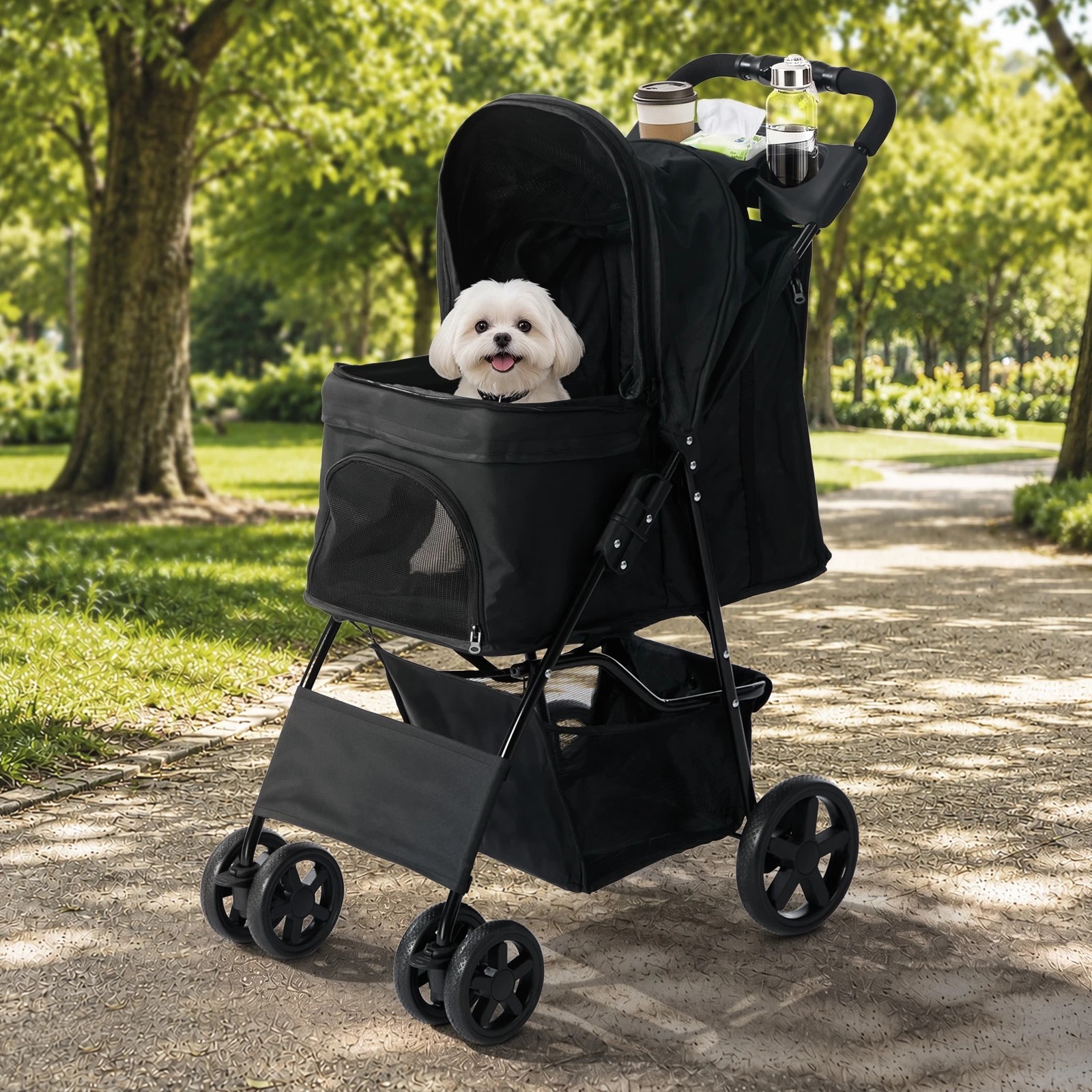 2 Alopet Pet Stroller Pram Dog Cat Carrier Cage Travel Pushchair Storage Foldable - Black, 2 of 9