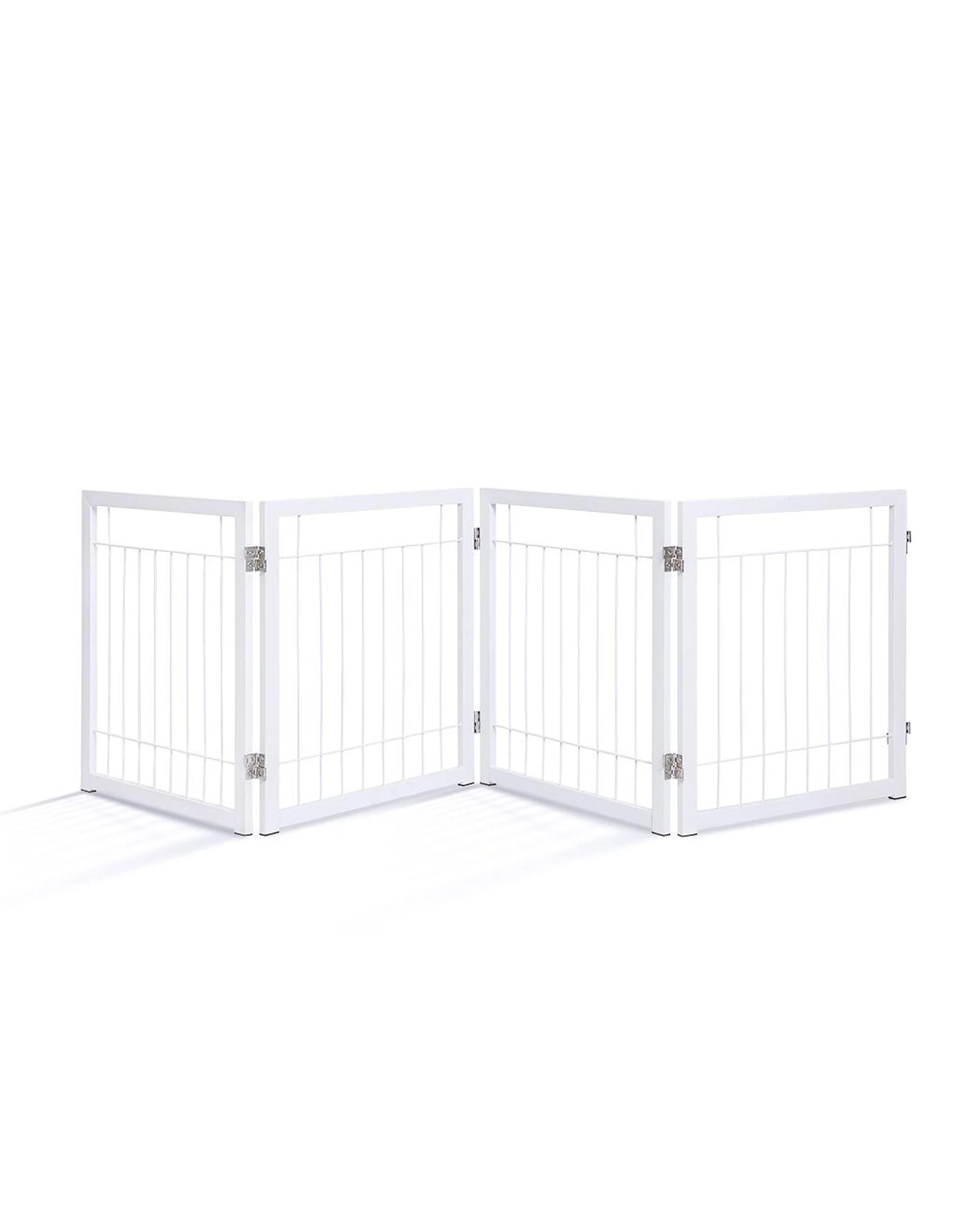 1 HelloFurniture Freestanding Metal Pet Gate 4 Panel Foldable Fence White - White - Pet Gate - Iron, 1 of 10