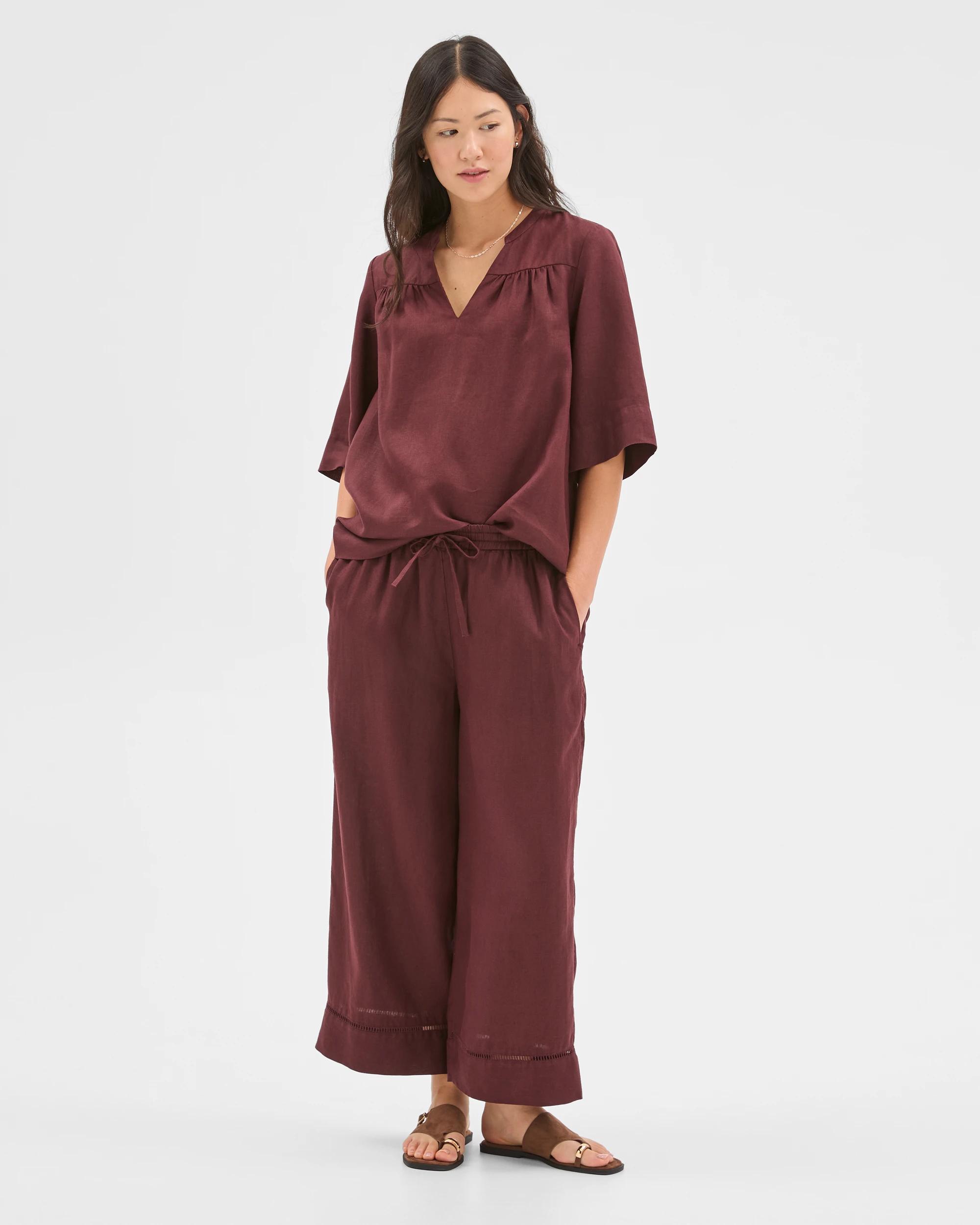 1 Target Woman Resort European Linen Trim Crop Pants CHOCOLATE PLUM, 1 of 6