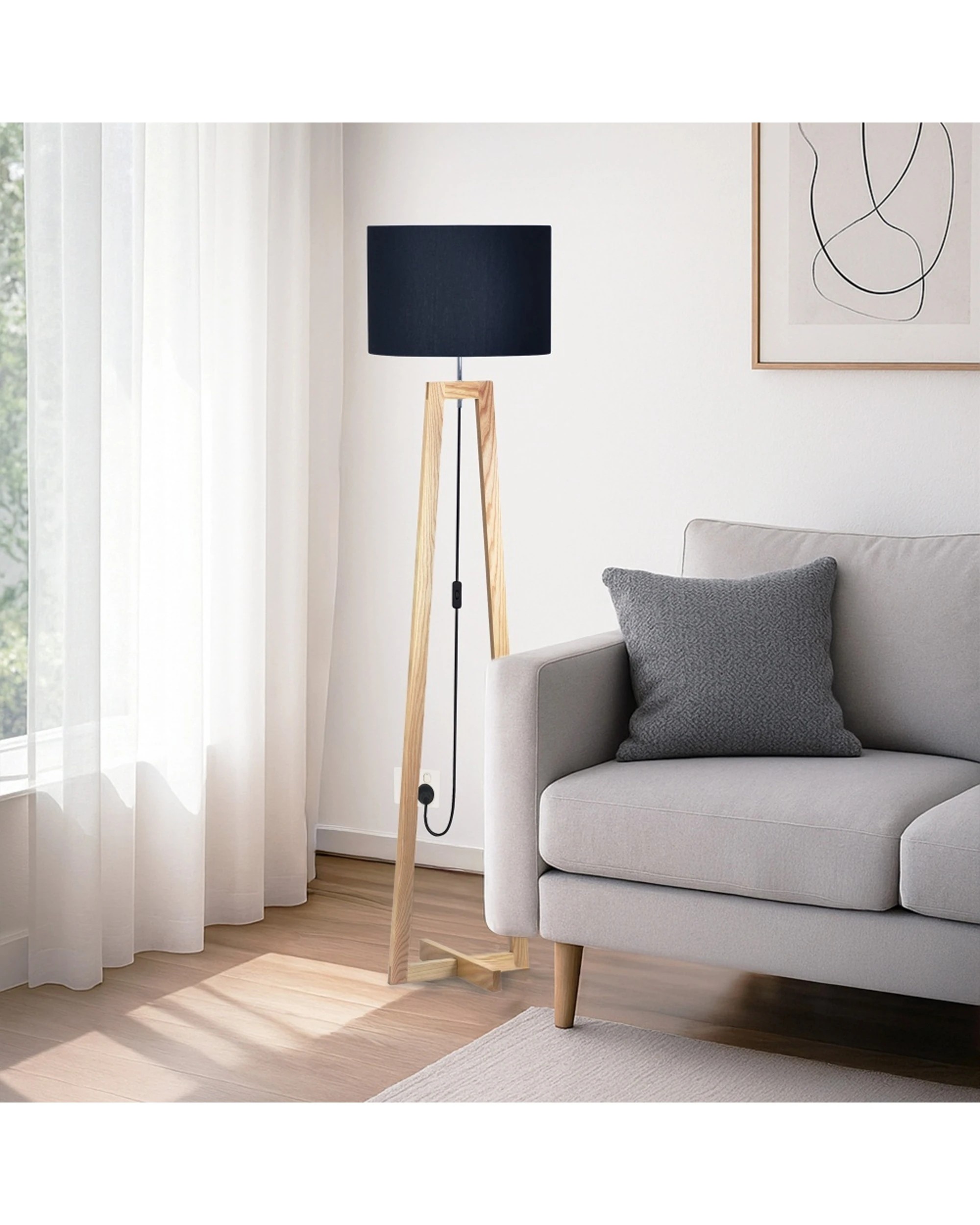 4 Urban Style Dana Floor Lamp Shade Tripod Timber Base Inline Switch - Black, 4 of 4
