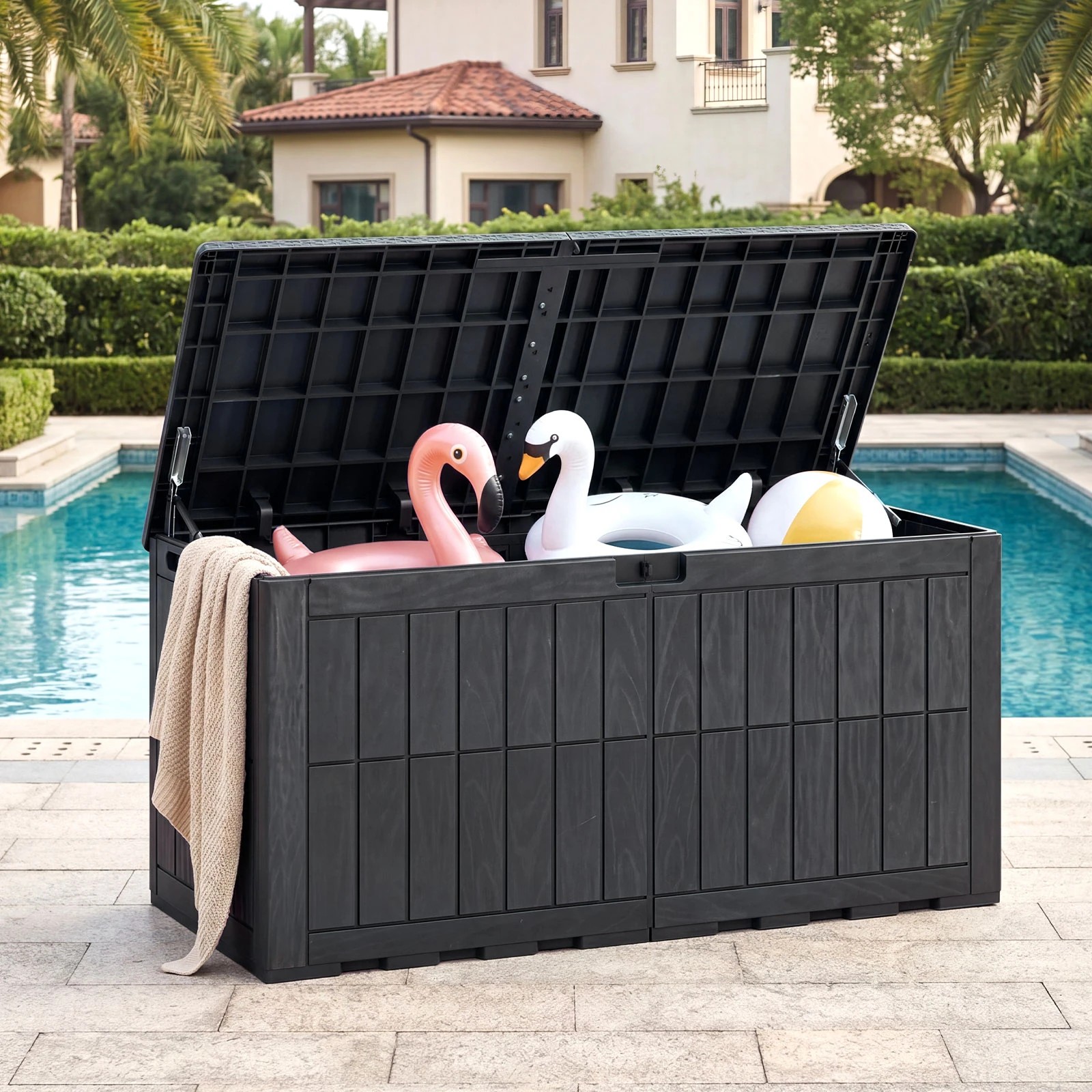 3 Costway 455L Outdoor Deck Box Patio Bench All-Weather Storage Bin w/Handles - Black, 3 of 6