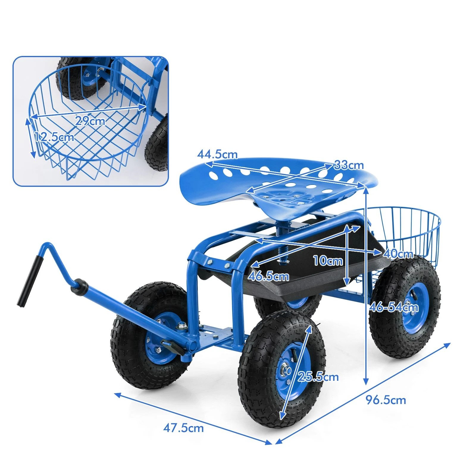 3 Costway Garden Cart Mobile Work Stool w/Tool Tray & Adjustable Seat Yard Rolling Seat - Blue, 3 of 3