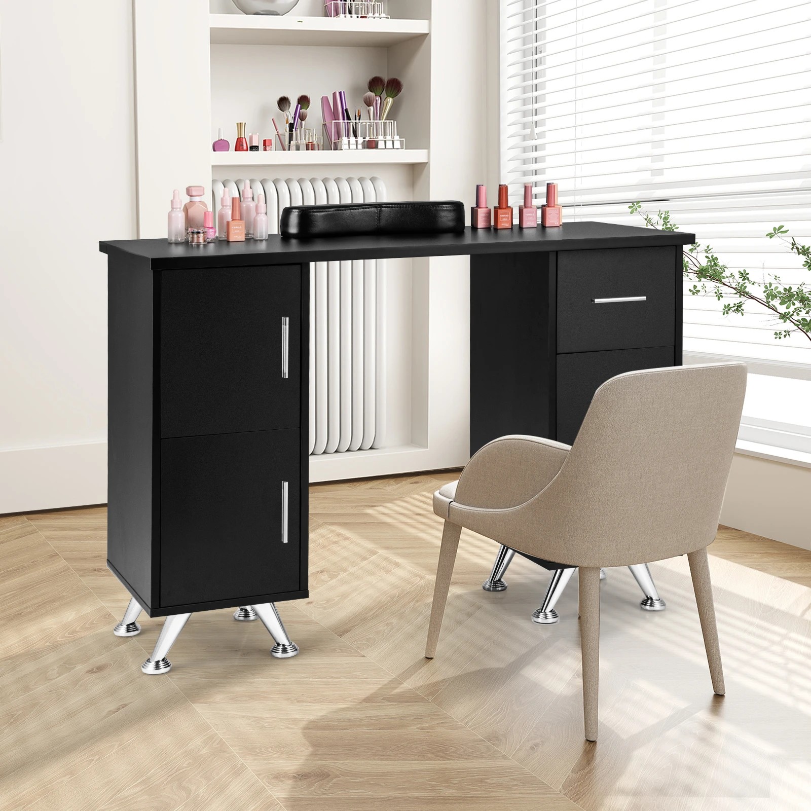 1 Costway Manicure Nail Table Station Nail Tech Desk w/Drawers & Hand Cushion Bag - Black, 1 of 3