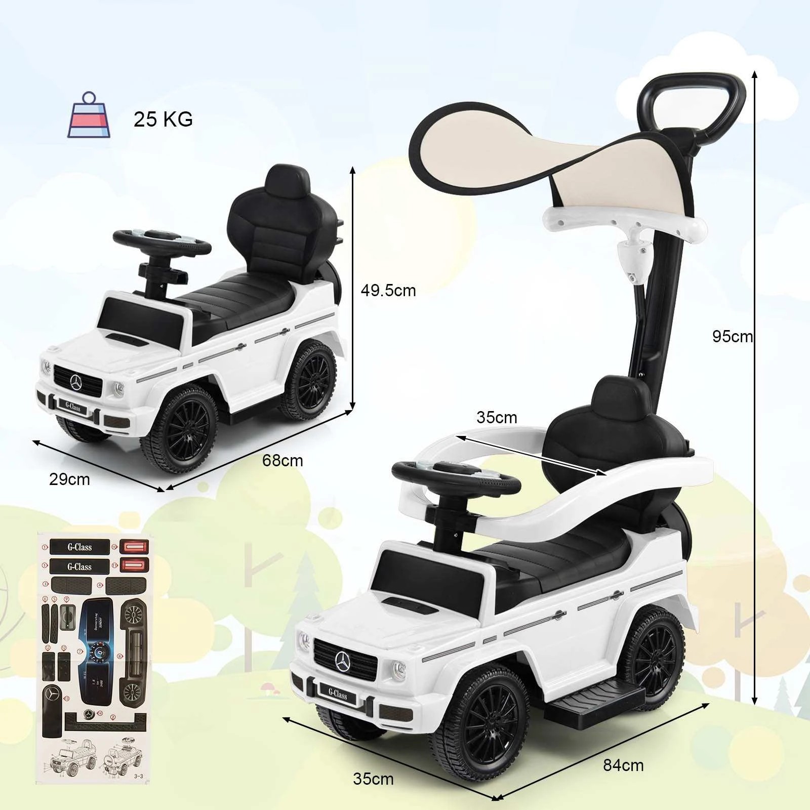 2 Costway Licensed Mercedes Benz Ride on Push Car w/Adjustable Canopy - White, 2 of 2