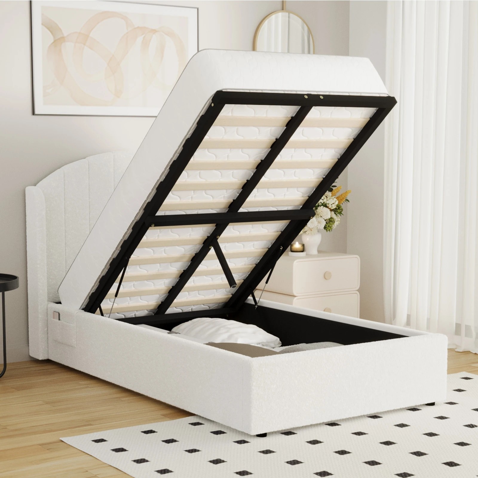 4 Oikiture Bed Frame King Single Size With Gas Lift Storage USB Charging Boucle - White, 4 of 9