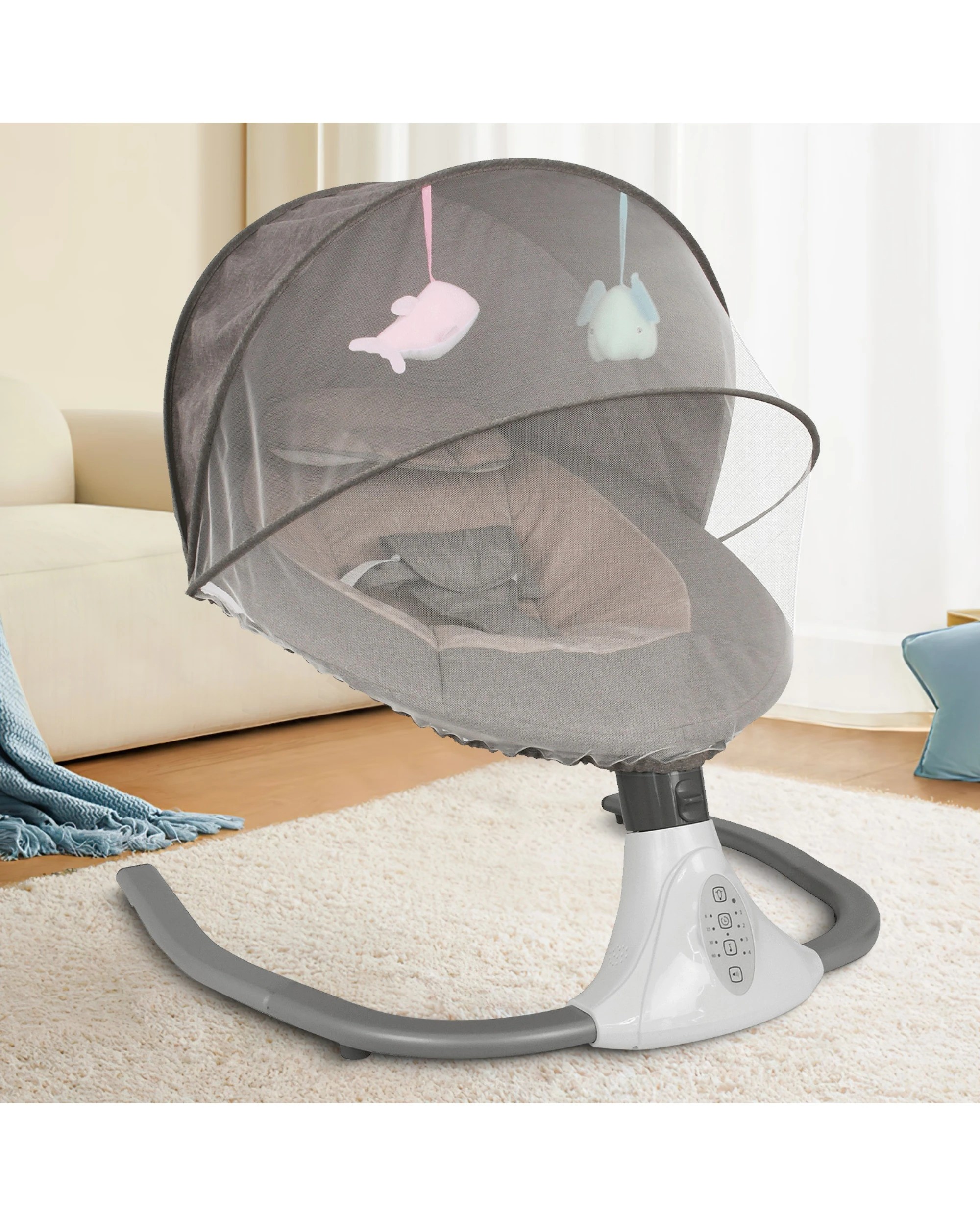 3 Advwin Electric Baby Swing Baby Bouncer Rocker w/ Mosquito Net Toddler Seat Soft Peachskin Grey, 3 of 9
