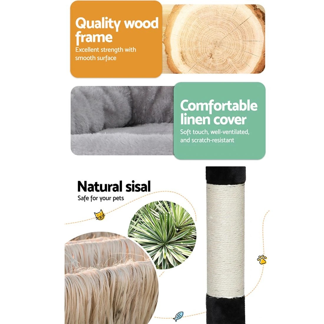 4 i.Pet Cat Tree 161cm Tower Scratching Post Scratcher Wood Condo House Play Bed - Grey, 4 of 5