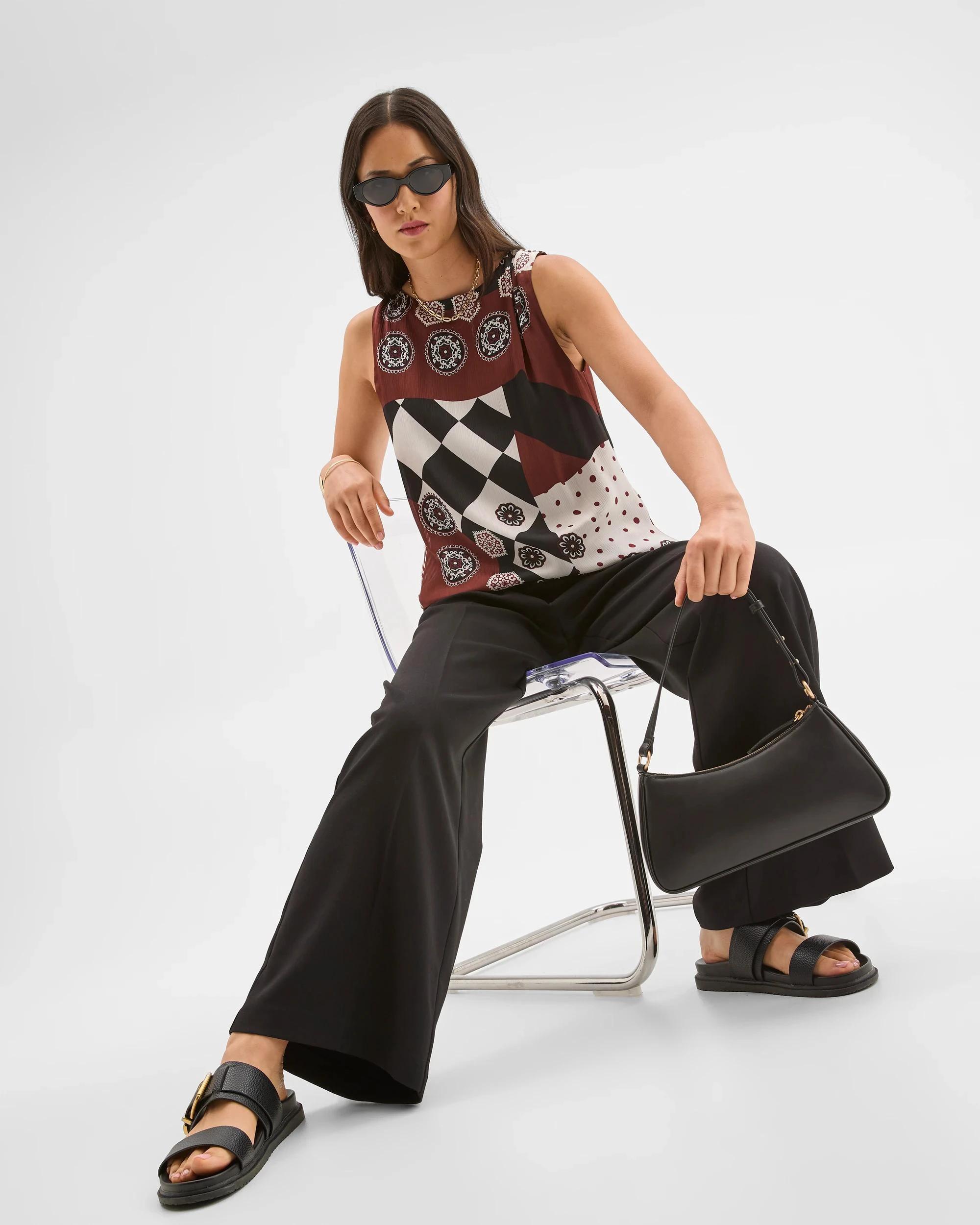 7 Preview Sleeveless Shoulder Pleat Detail Blouse SPLICED PRINT, 7 of 9