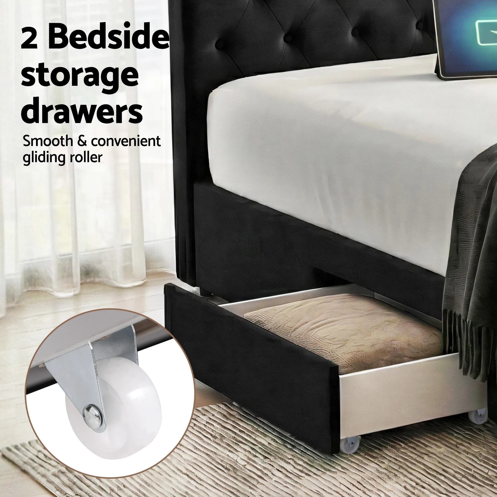 3 Artiss Double Bed Frame Storage Charging Station Upholste 3 Drawers USB - Black, 3 of 6
