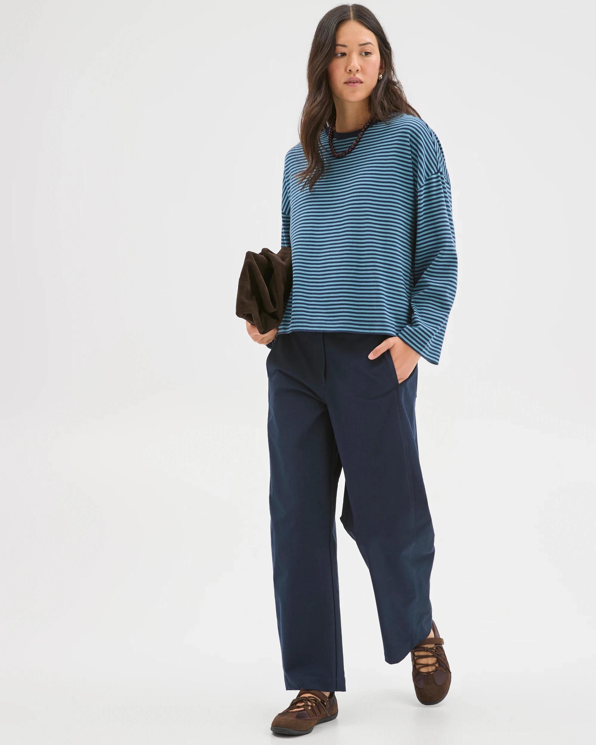 3 Target Woman Australian Cotton Long Sleeve Heavyweight Oversized T-Shirt INK NAVY/DUSTY BLUE STRIPE, 3 of 8