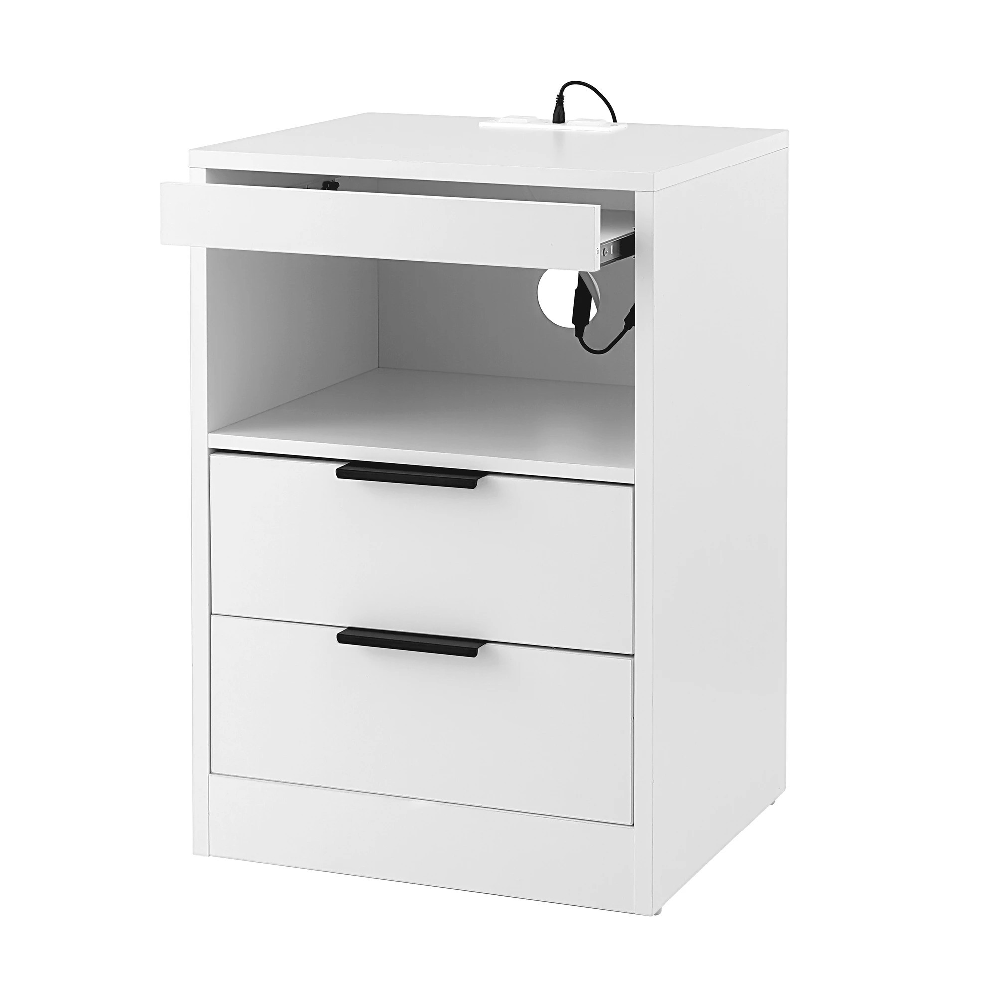 1 Artiss Bedside Table LED Nightstand Charging Station 2 Drawers - - White, 1 of 4
