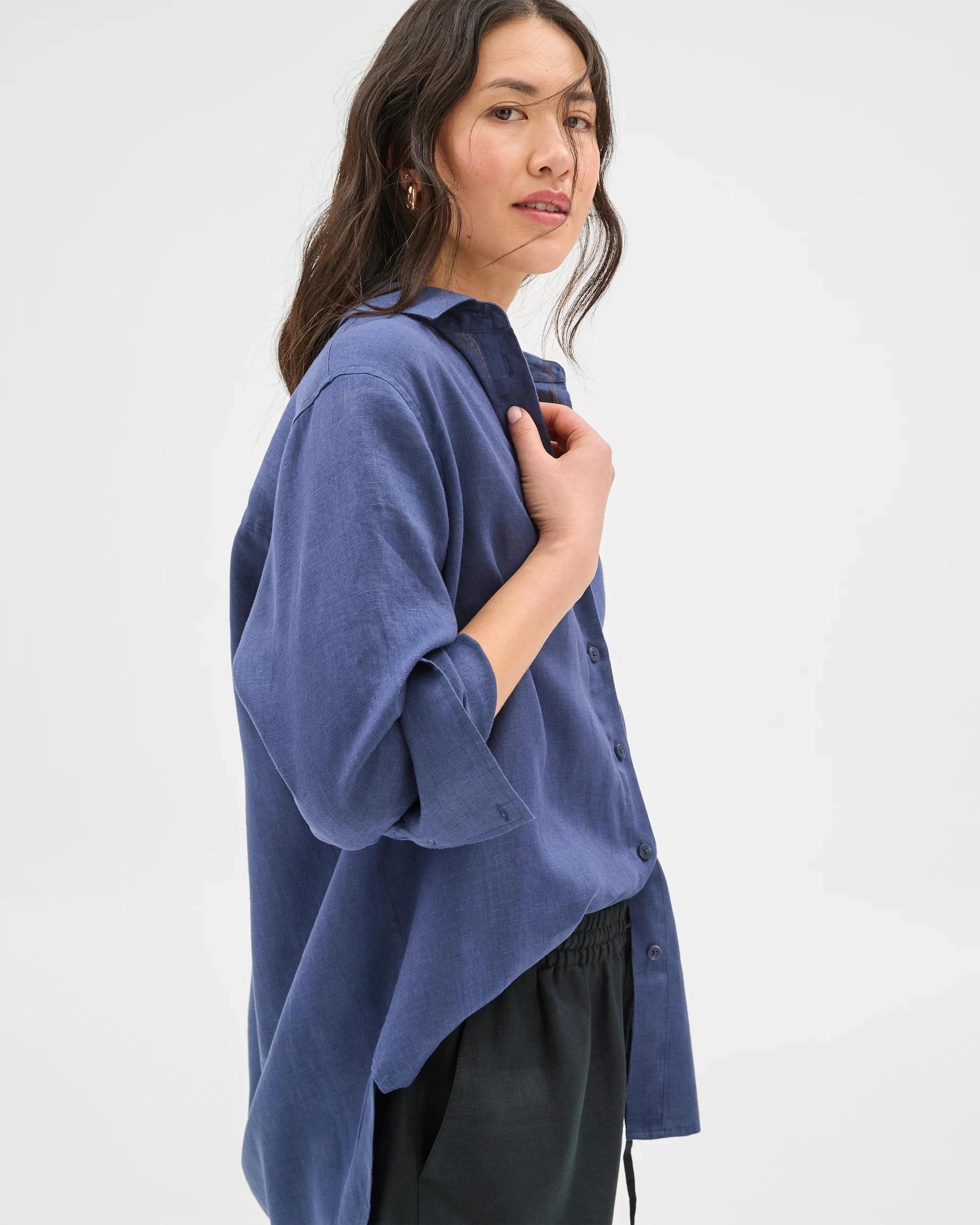 3 Target Woman European Linen Long Sleeve Shirt BLUE INDIGO, 3 of 8