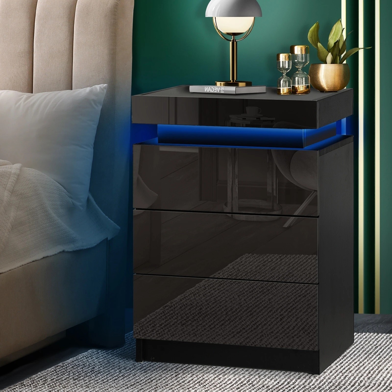 2 Oikiture Bedside Table Rgb Led 3 Drawers Nightstand Cabinet
 - Black, 2 of 9