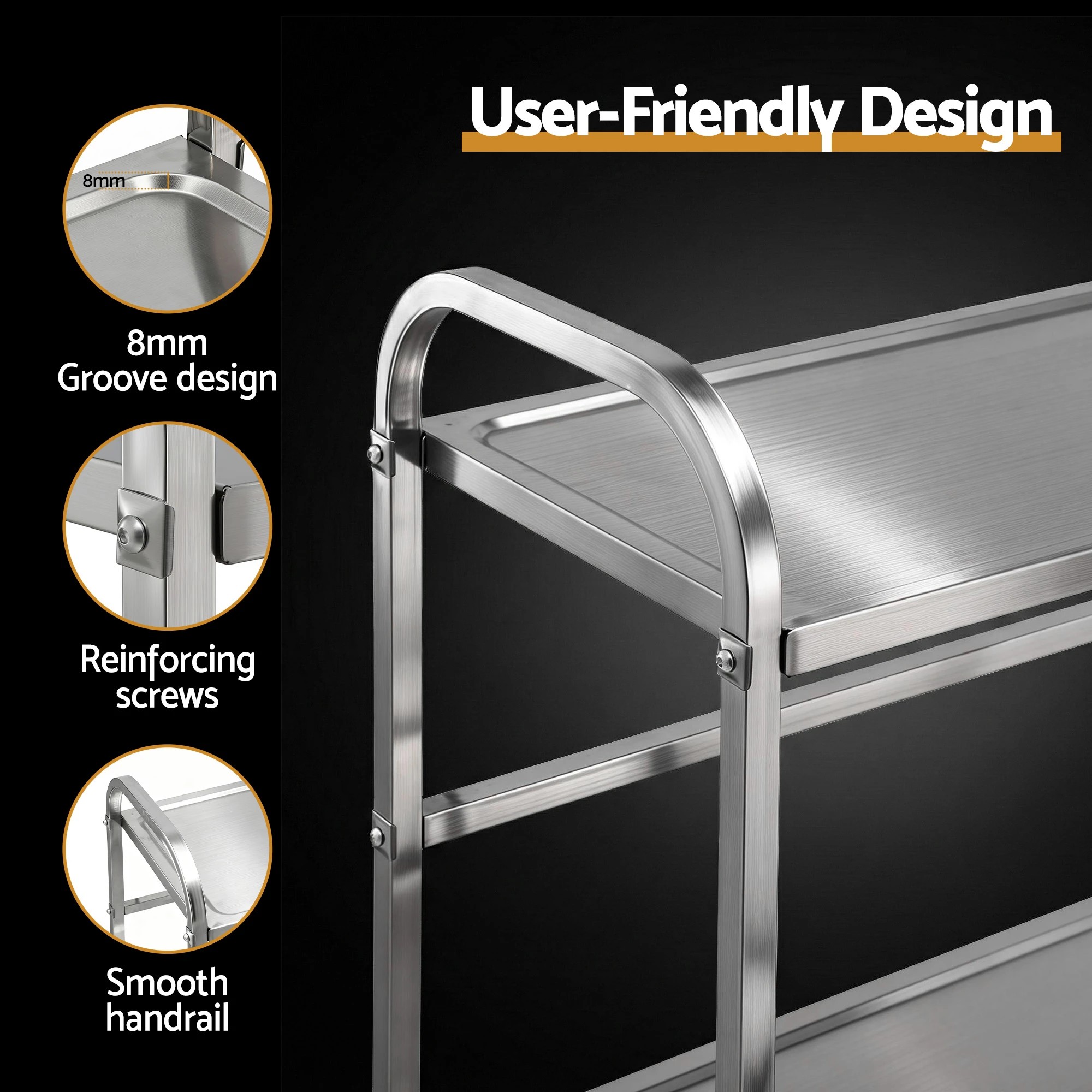 4 Cefito 2-Tier Stainless Steel Kitchen Trolley with Wheels 84x56x98cm - Silver, 4 of 6