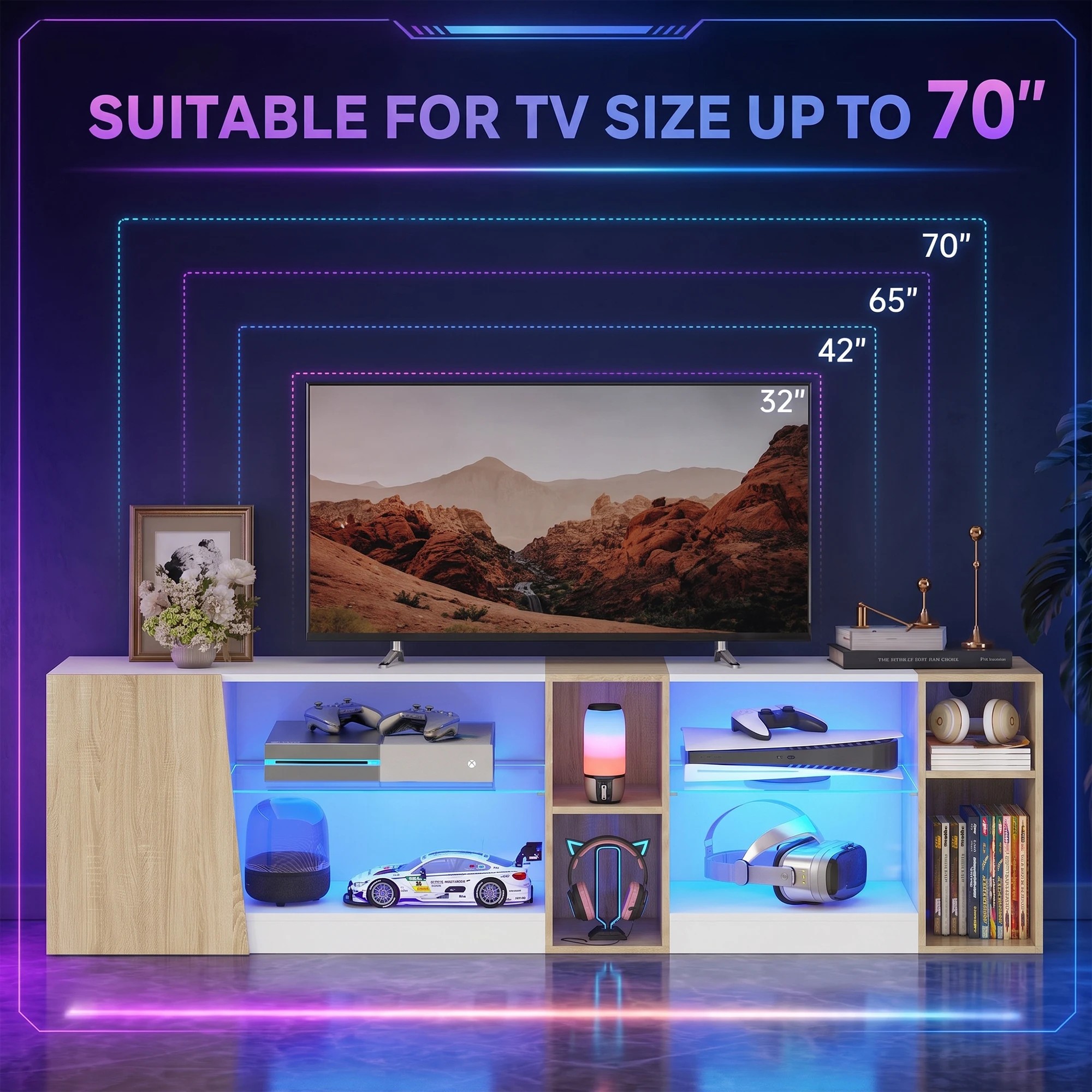 5 Advwin 160cm LED TV Unit Cabinet Gaming Entertainment Center w/ Adjustable Glass Shelves & Cabinet White, 5 of 9
