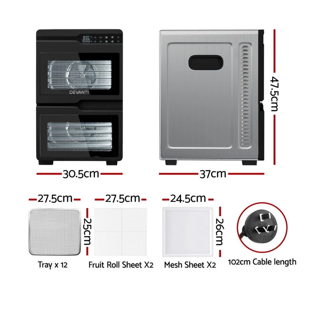 2 Devanti 12 Trays Food Dehydrator Dual-Zone Stainless Steel Fruit Jerky Dryer - Silver, 2 of 4