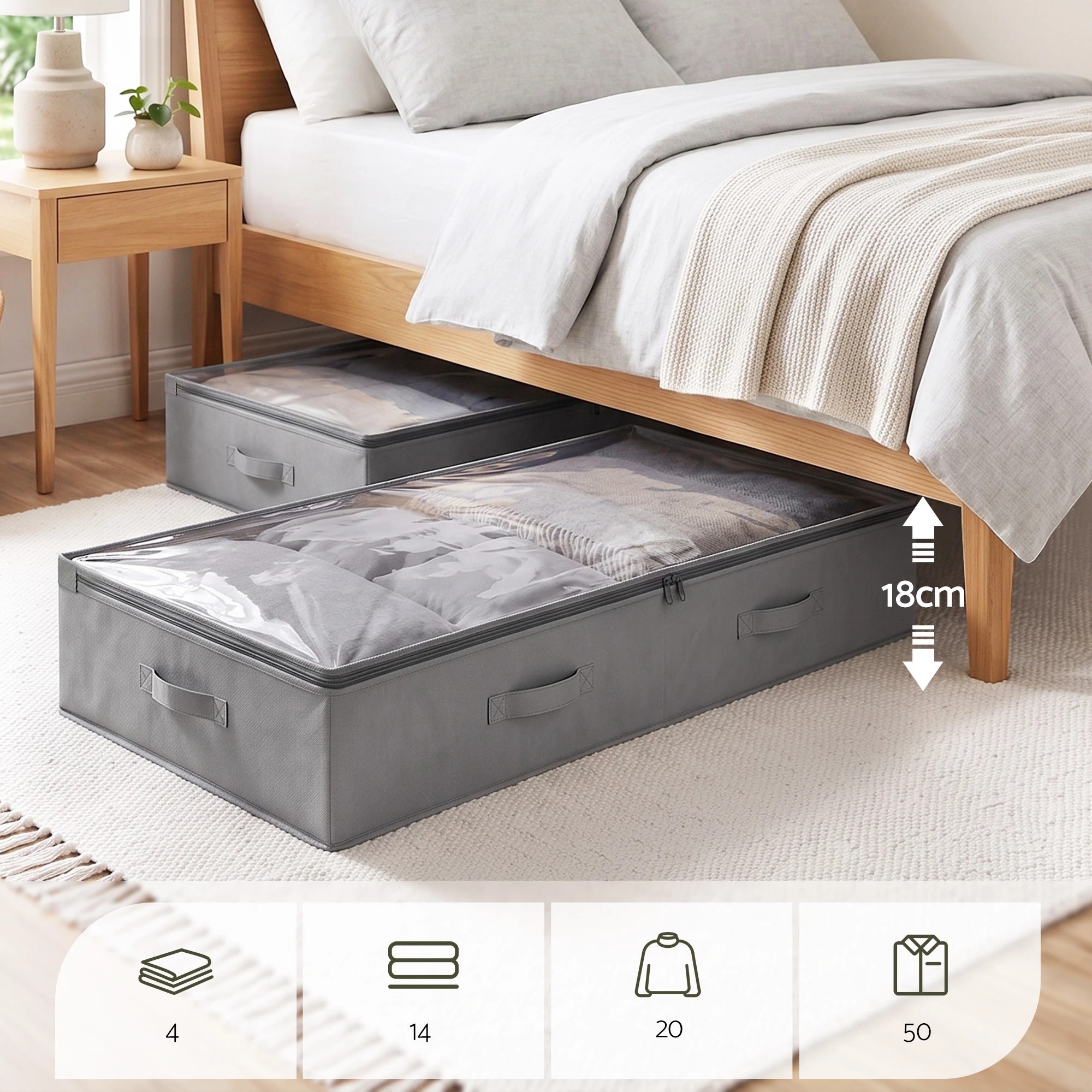 4 Artiss 4X Under Bed Storage Boxes Containers 90L Fabric - Grey, 4 of 9