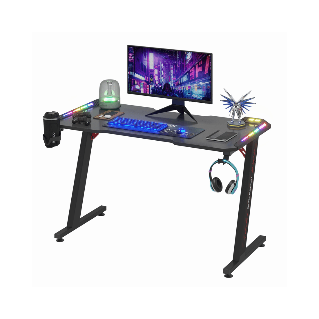 1 Advwin 120cm Gaming Desk RGB LED Light Carbon Fiber Computer Desk with Cup Holder and Headphone Hook, 1 of 5