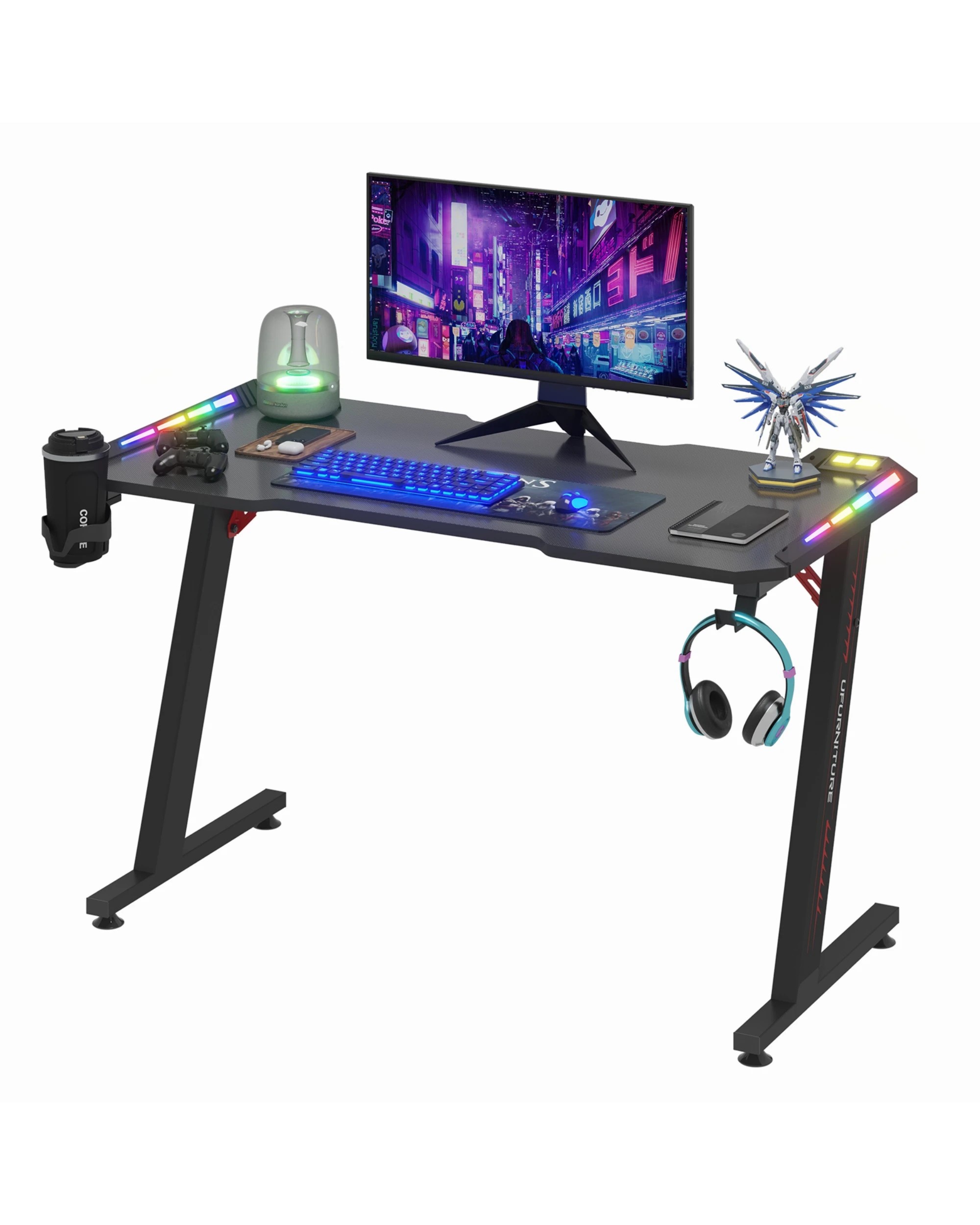 1 Advwin 120cm Gaming Desk RGB LED Light Carbon Fiber Computer Desk with Cup Holder and Headphone Hook, 1 of 5