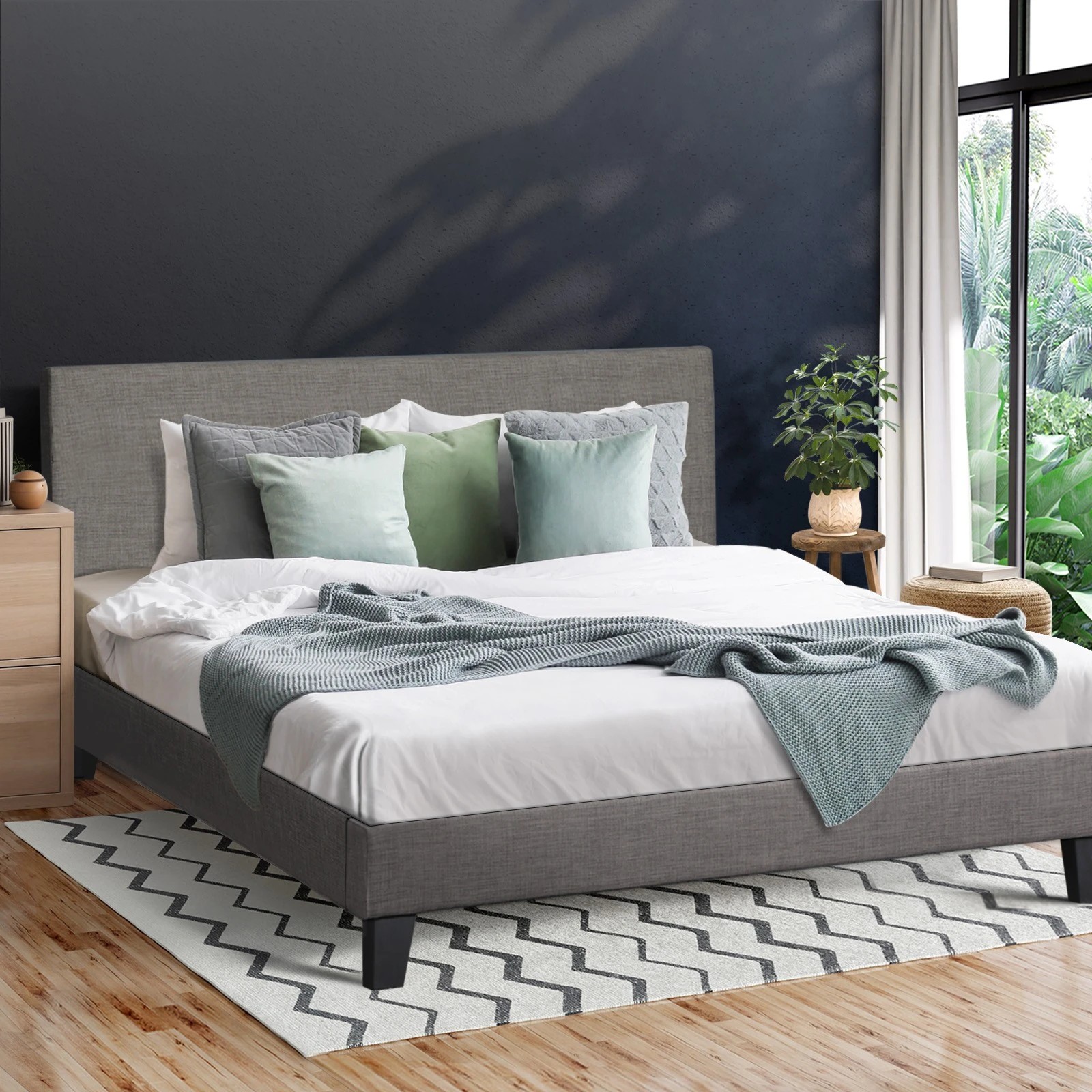 3 Oikiture Bed Frame Double Size Wooden Slats Fabric - Grey, 3 of 10
