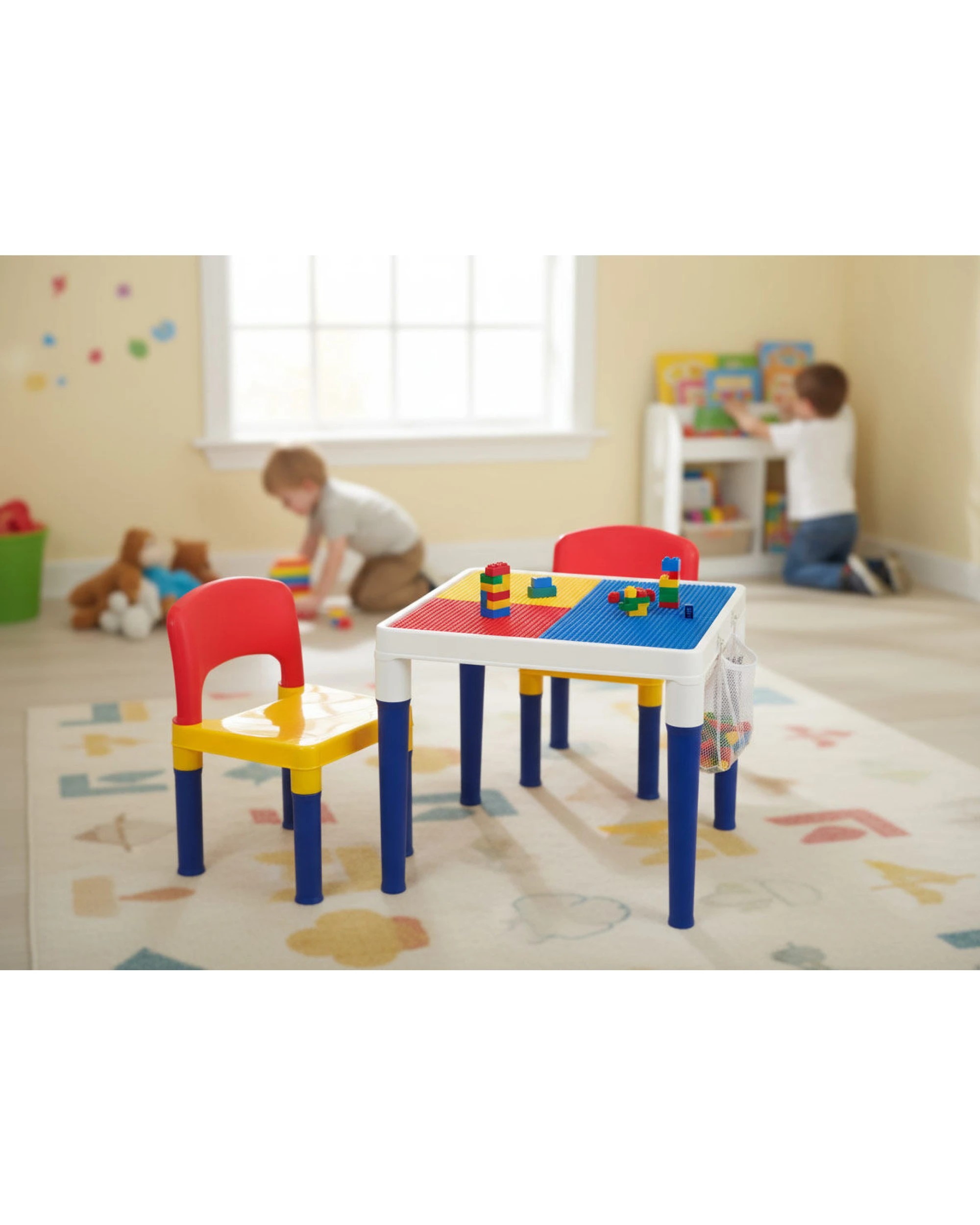 2 GEM Toys Children's 2-in-1 Building Blocks Table & Chairs Set w/ 100 Blocks, 2 of 8
