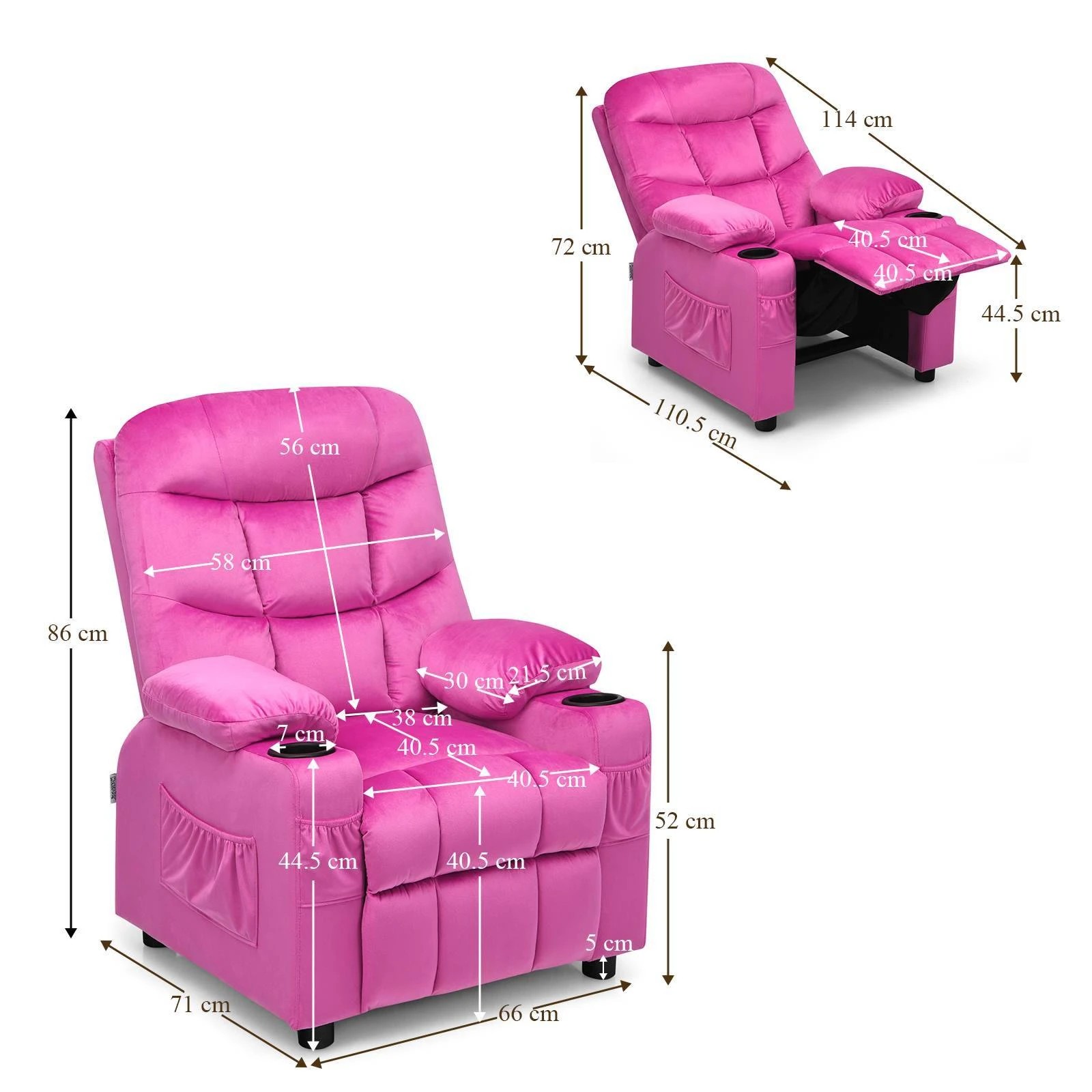 2 Costway Velvet Fabric AdjustableArmchair Recliner Chair w/Cup Holders - Pink, 2 of 3